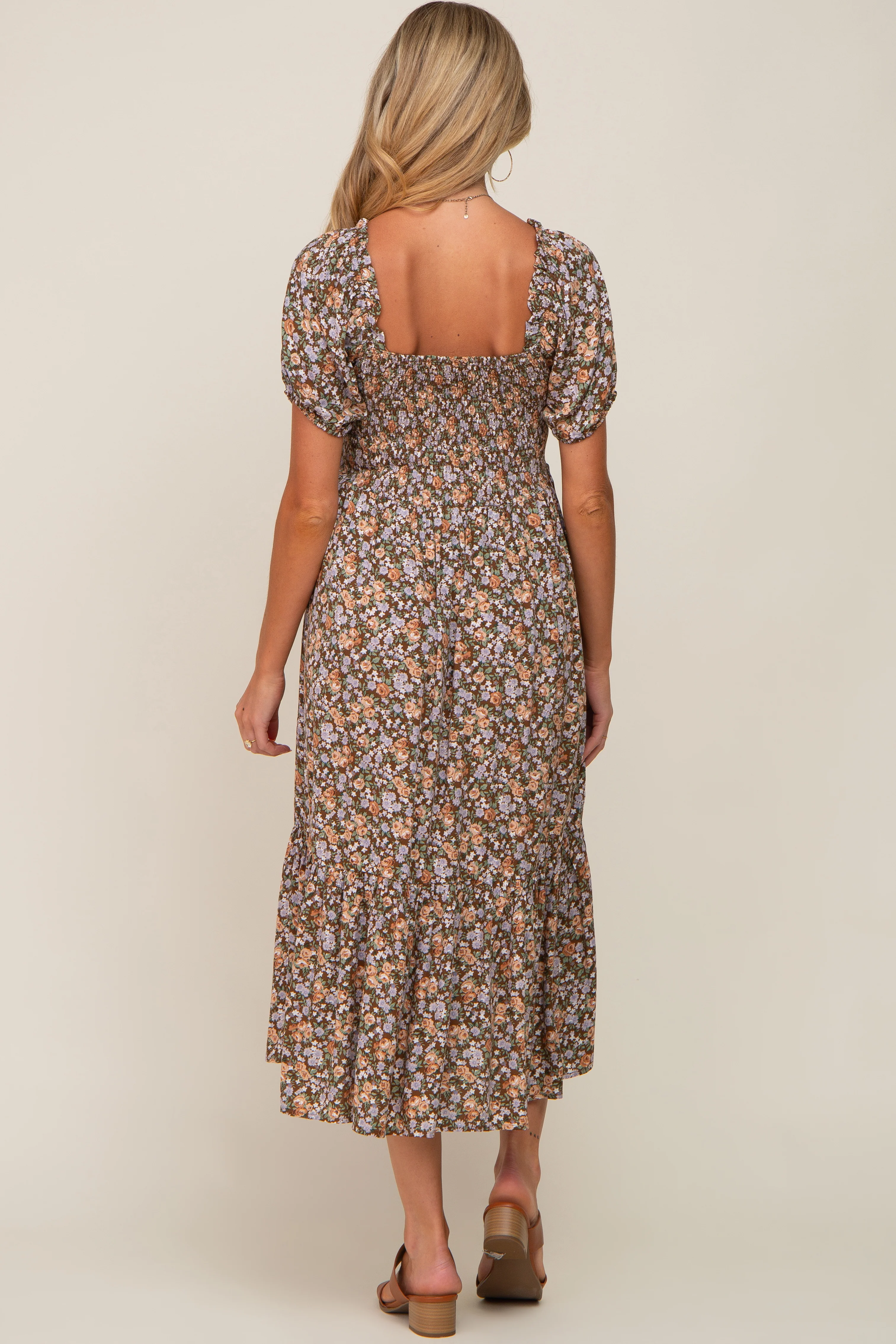 Mocha Floral Smocked Puff Sleeve Maternity Midi Dress - Image 3