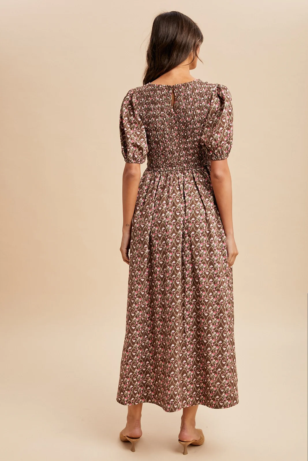 Mocha Floral Smocked Puff Sleeve Maxi Dress - Image 4
