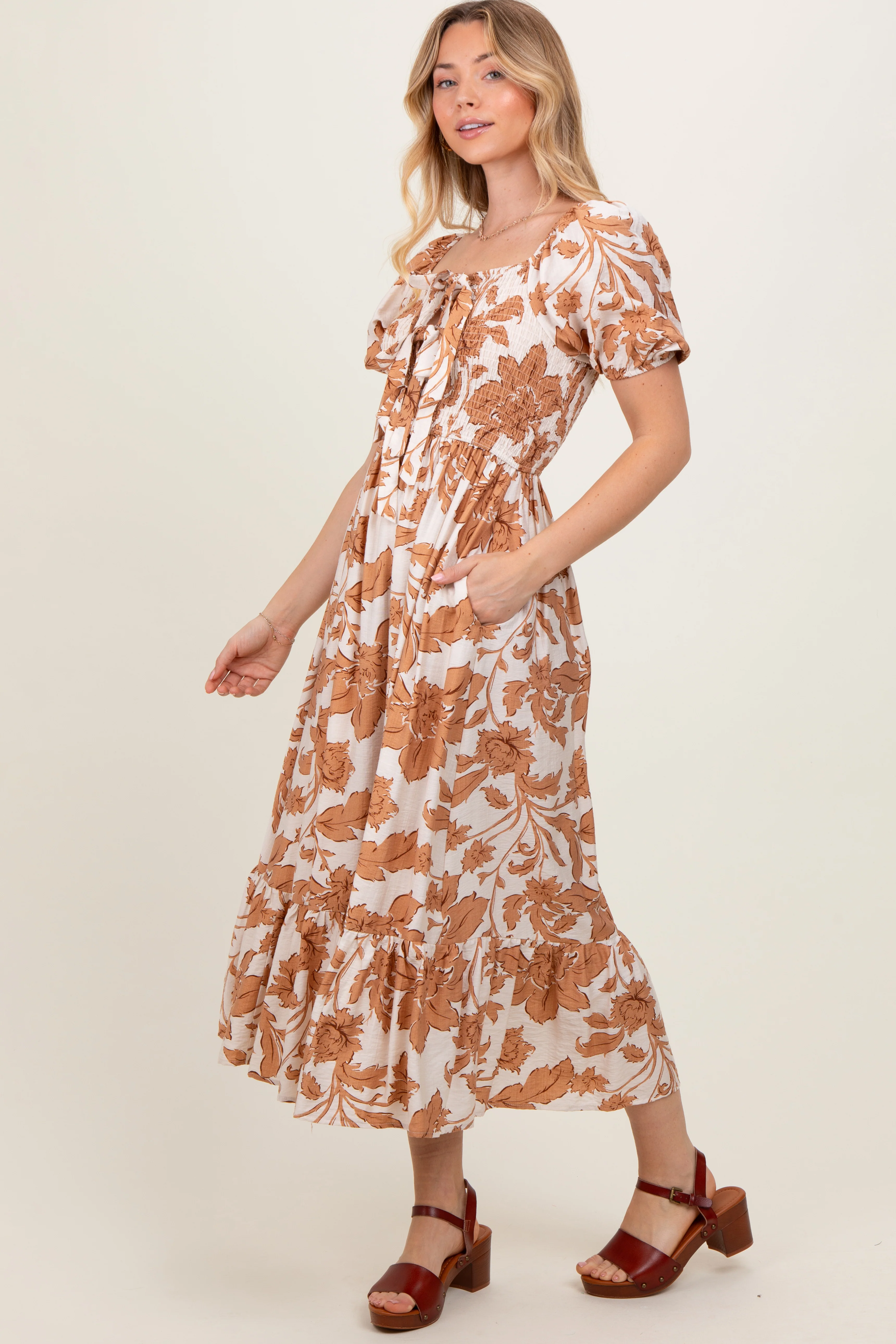 Mocha Floral Smocked Triple Front Tie Midi Dress - Image 3