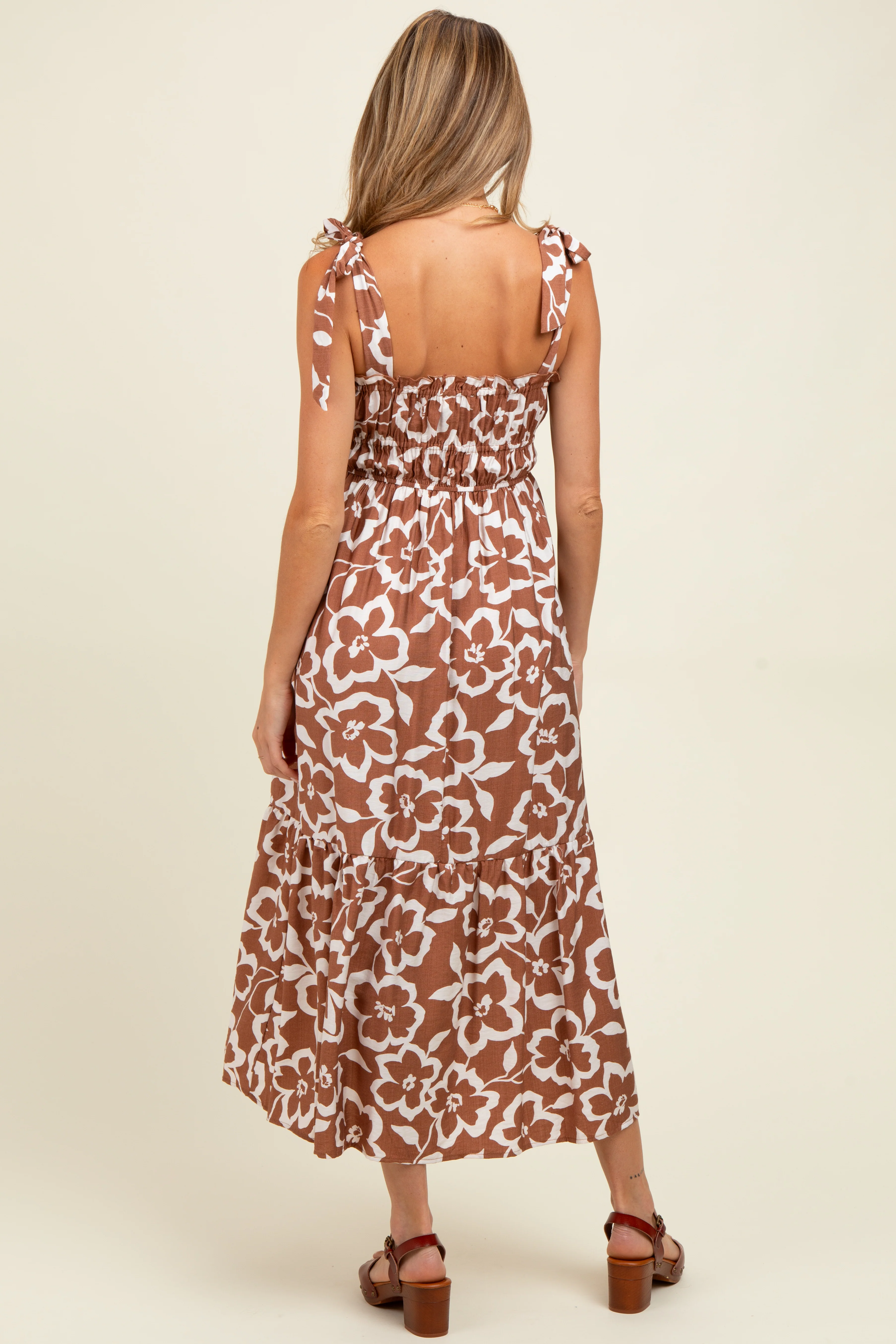 Mocha Floral Tiered Shoulder Tie Maternity Midi Dress - Image 4