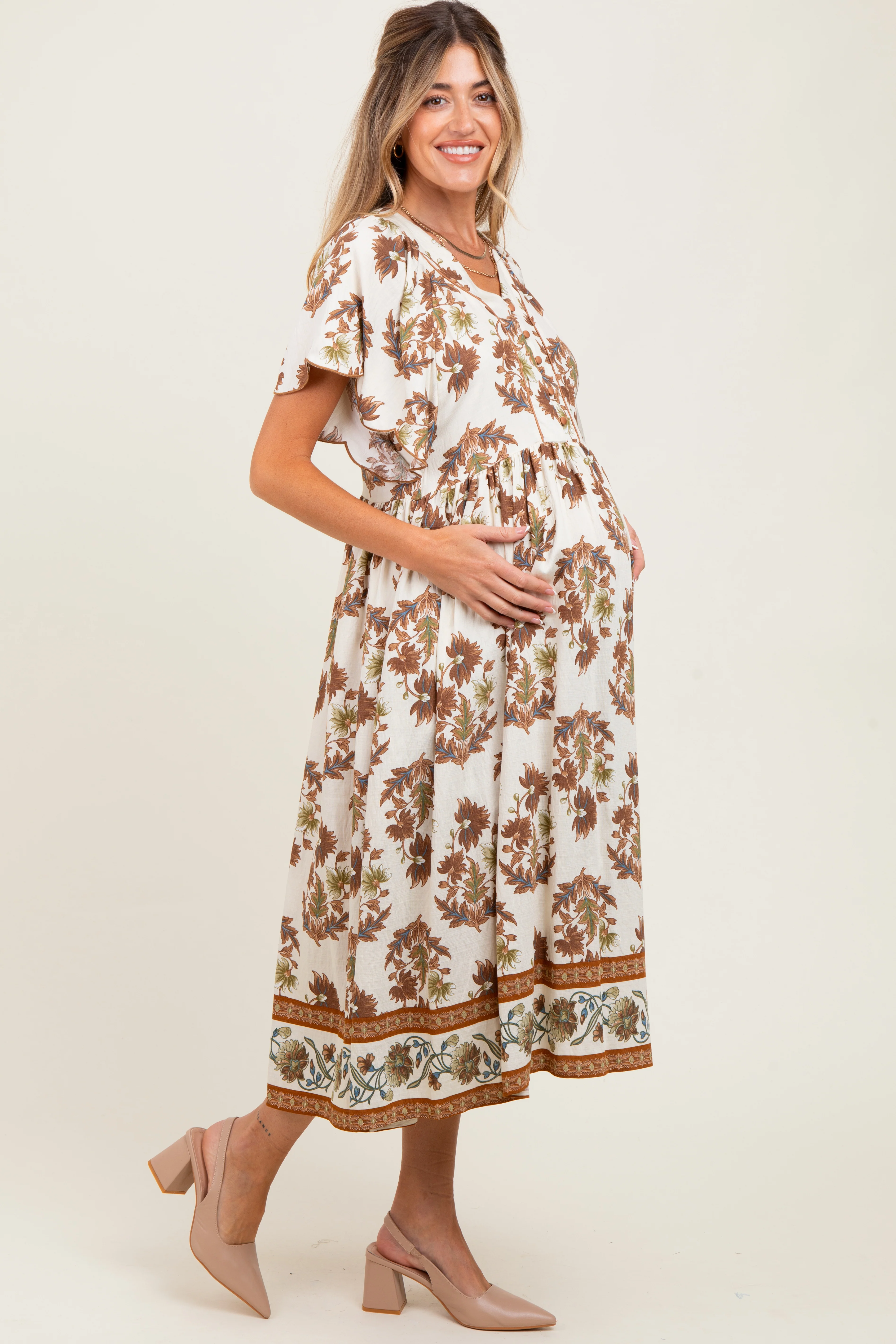 Mocha Floral V-Neck Button Detail Maternity Mid Dress - Image 3