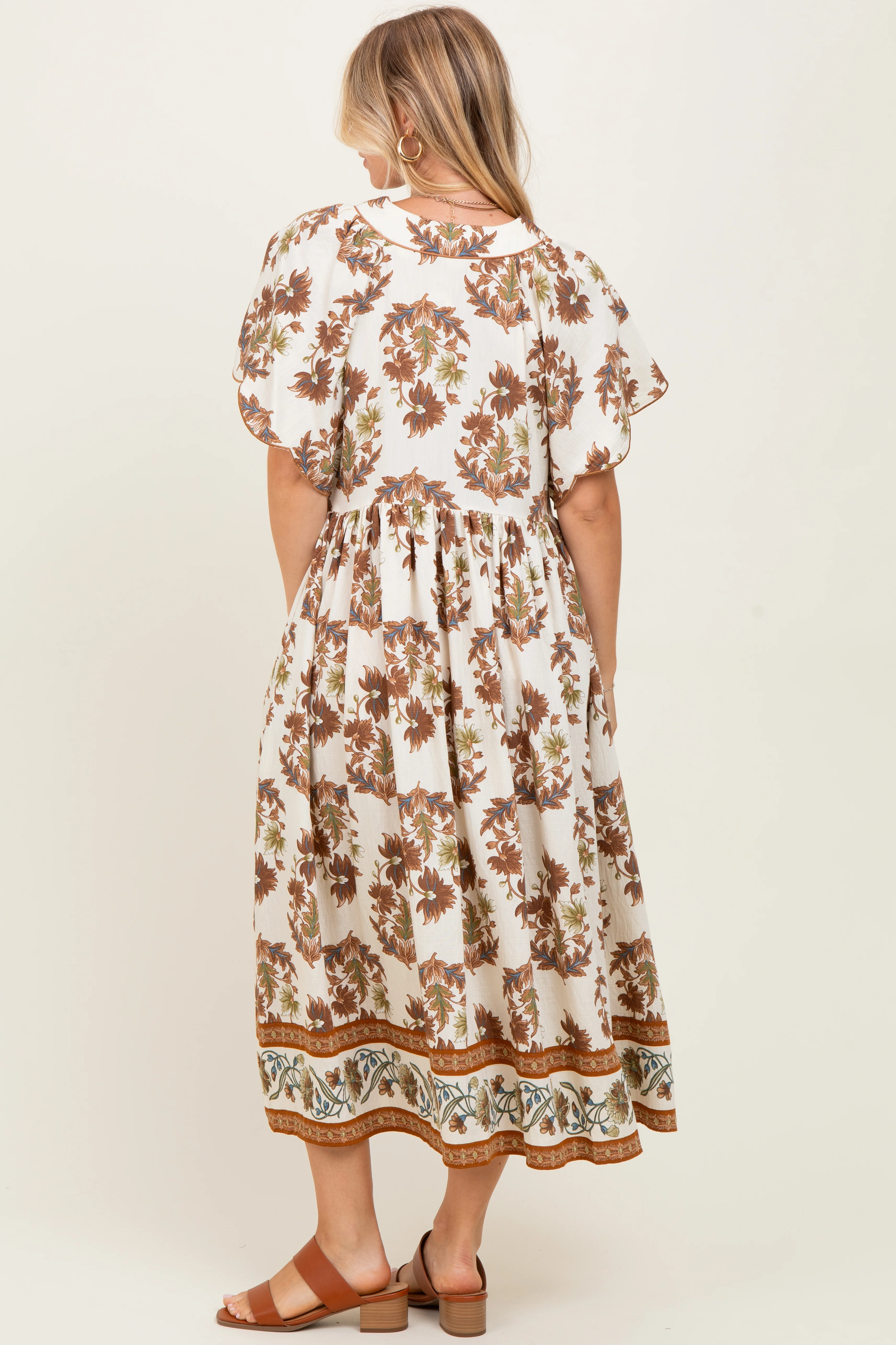 Mocha Floral V-Neck Button Detail Mid Dress - Image 3