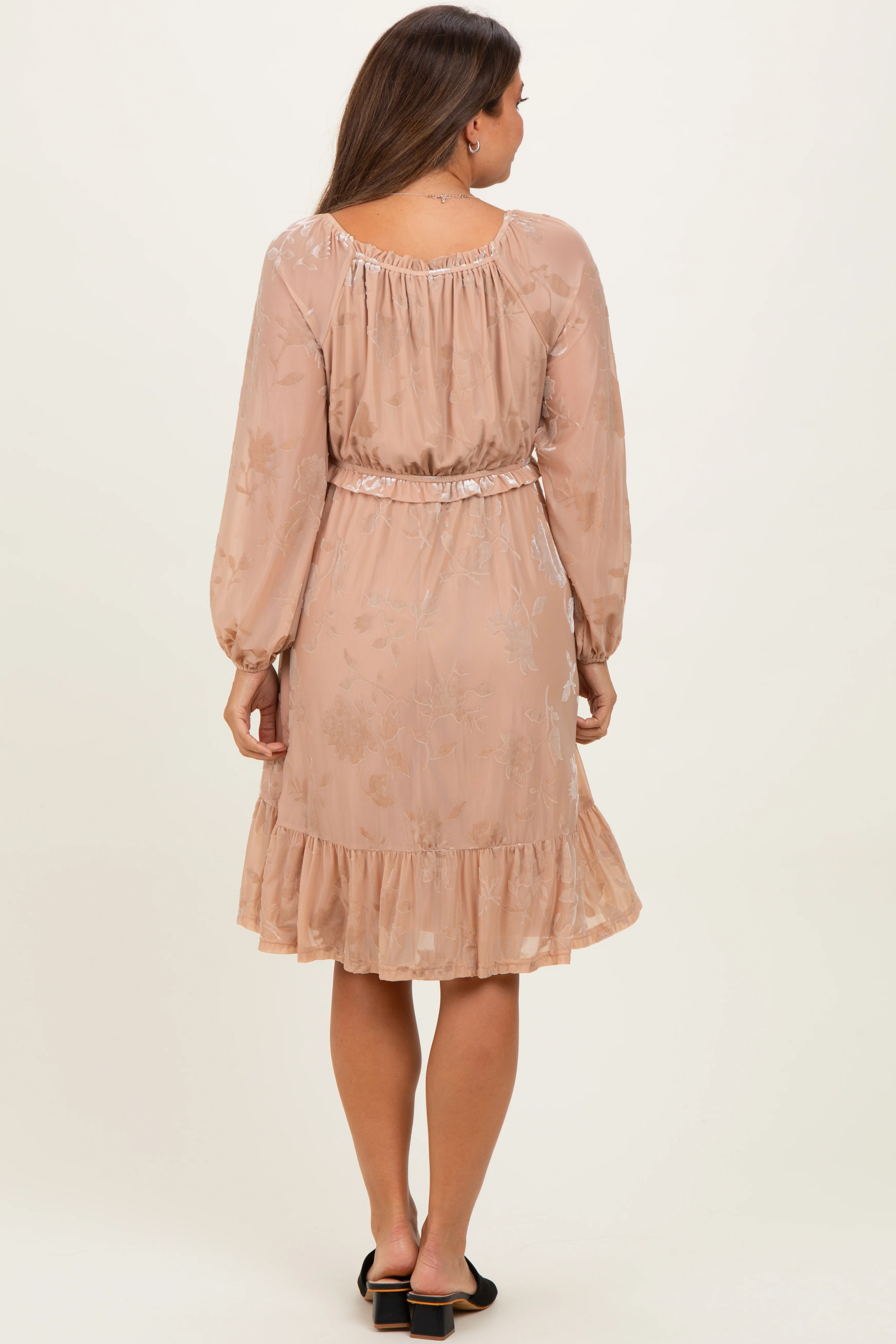 Mocha Floral Velvet Ruffle Accent Maternity Dress - Image 4