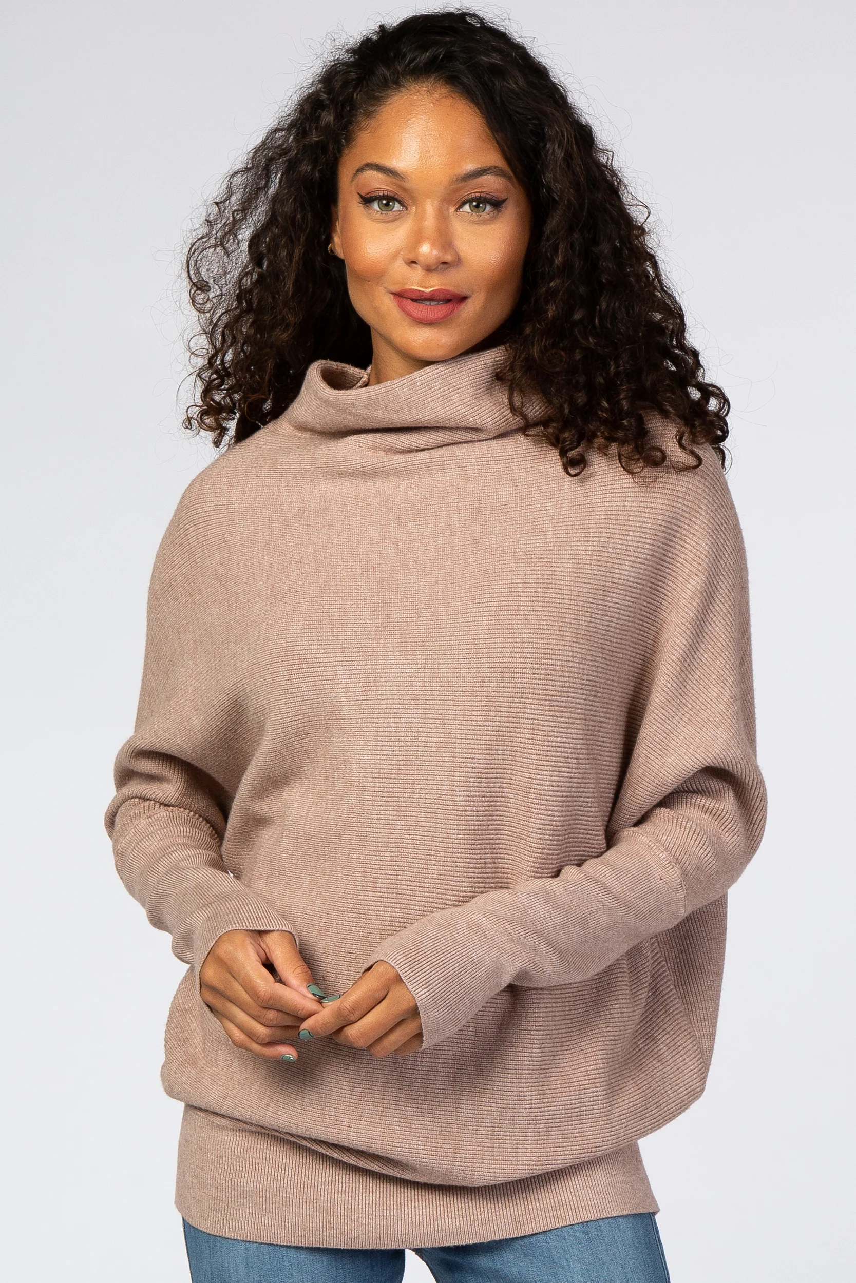 Mocha Funnel Neck Dolman Sleeve Maternity Sweater - Image 7