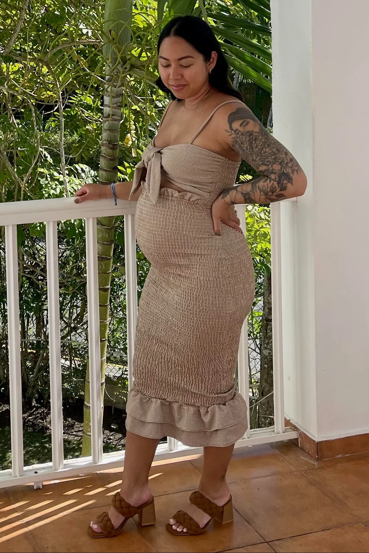 Mocha Gingham Print Smocked Fitted Self-Tie Maternity Midi Dress - Image 22