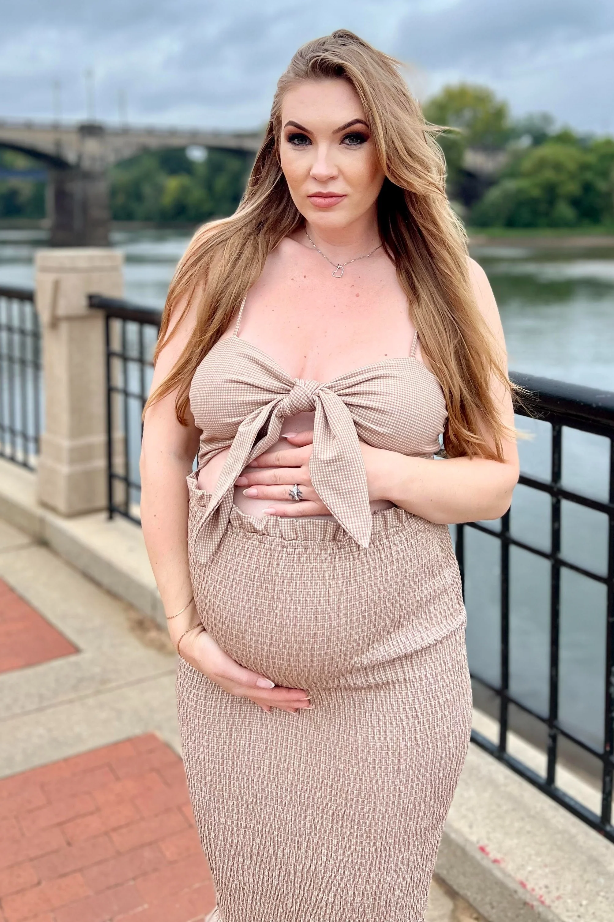 Mocha Gingham Print Smocked Fitted Self-Tie Maternity Midi Dress - Image 23