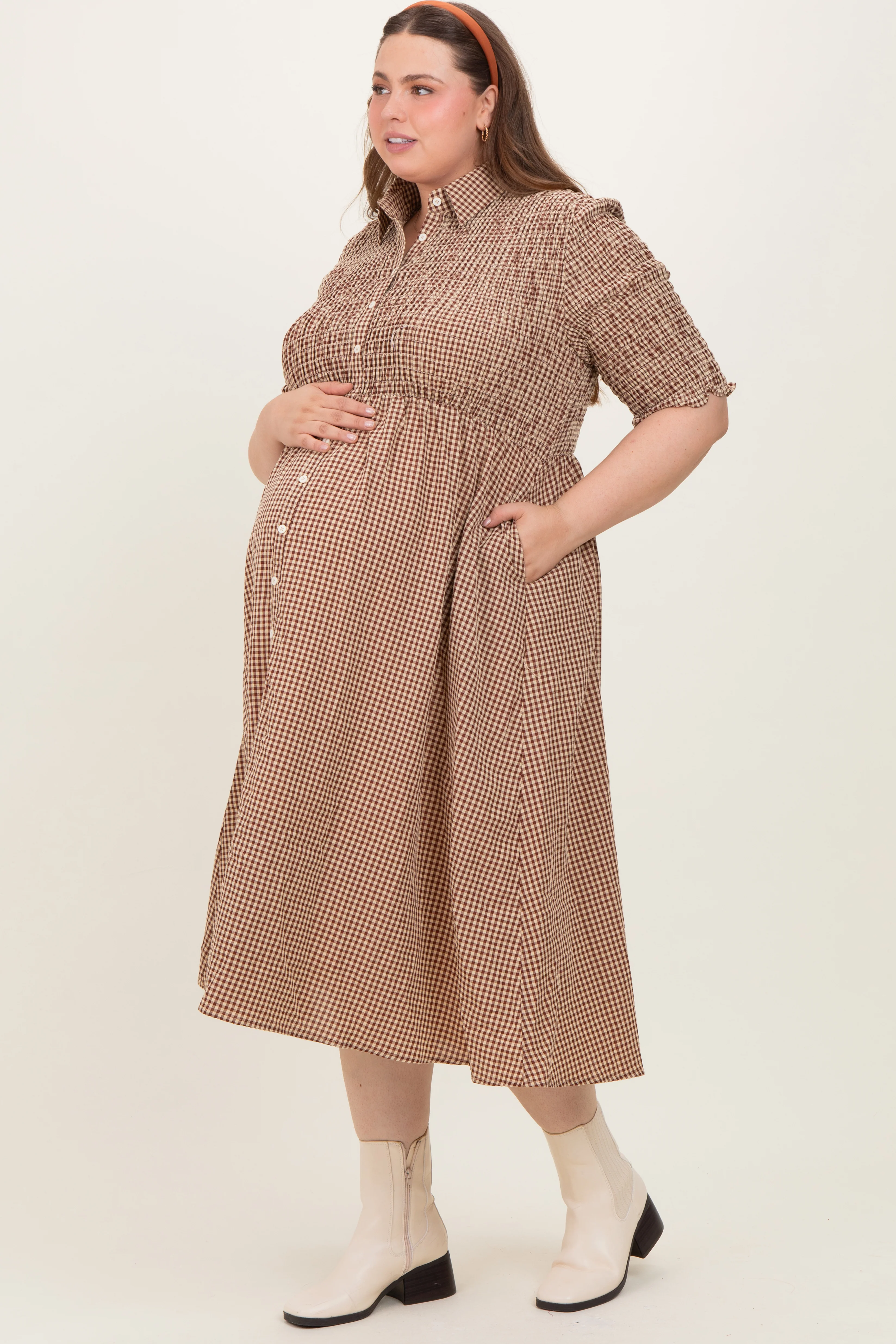 Mocha Gingham Smocked Button Down Maternity Plus Midi Dress - Image 3