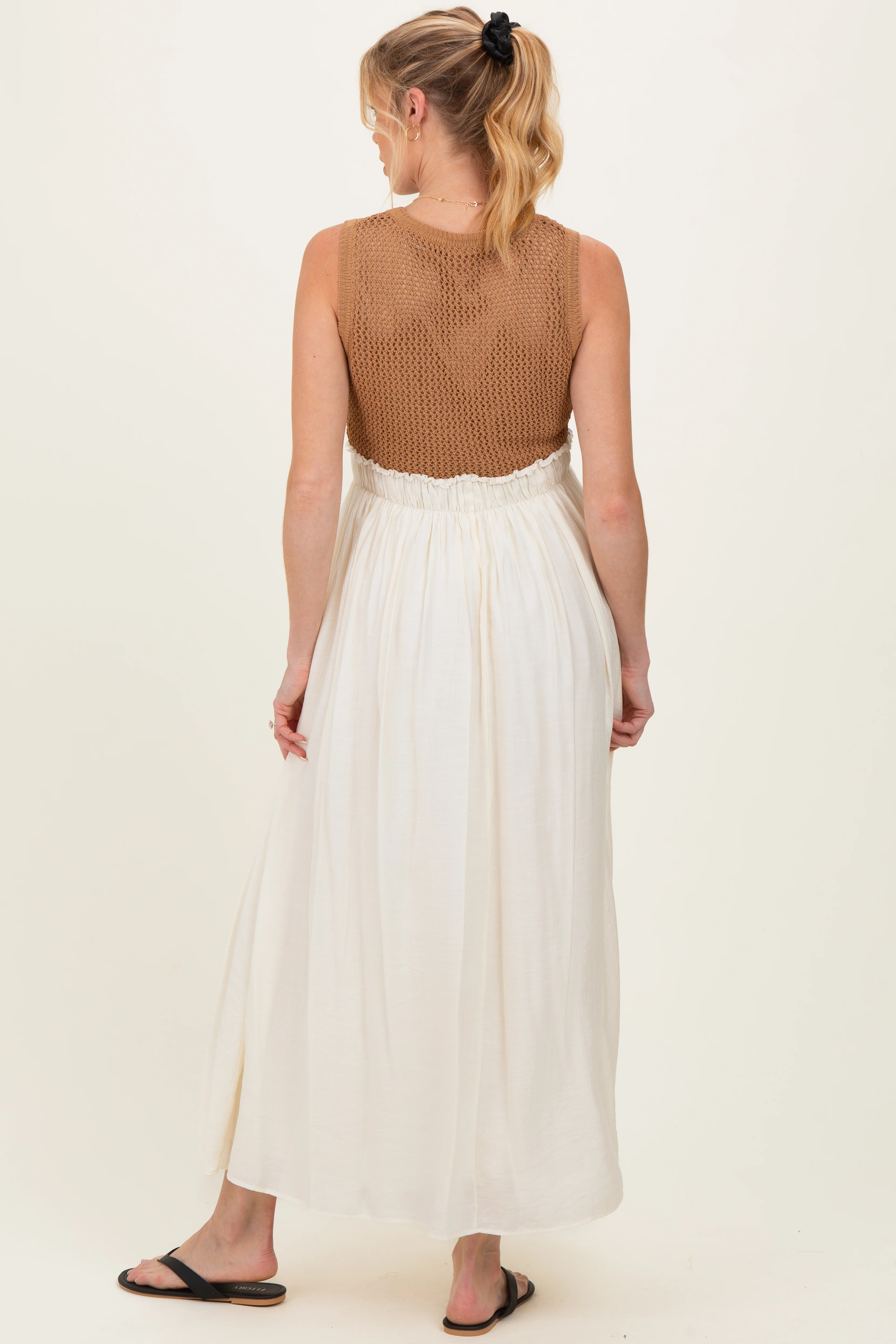 Mocha Knit Bodice Contrast Skirt Maternity Maxi Dress - Image 3