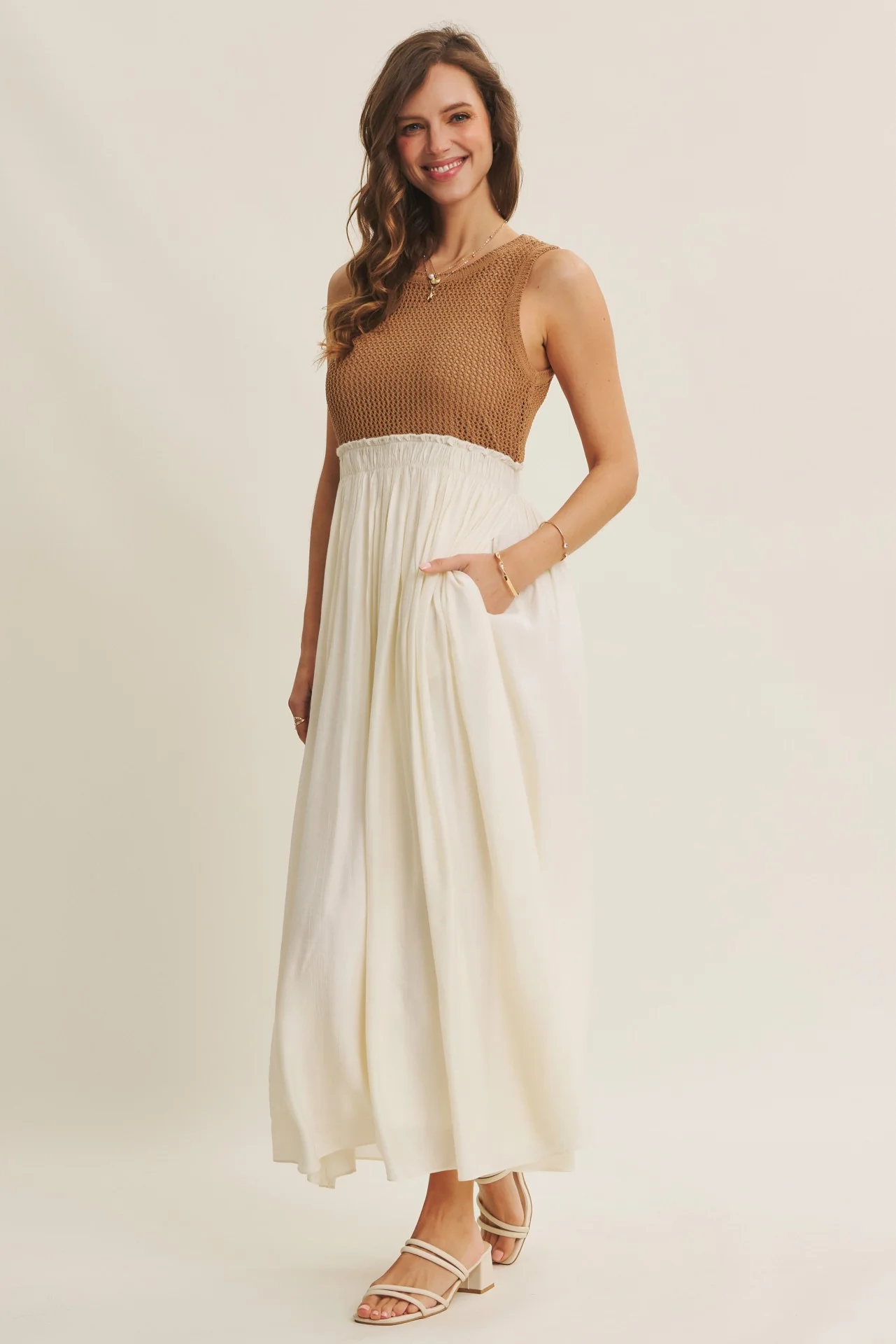 Mocha Knit Bodice Contrast Skirt Maxi Dress - Image 3