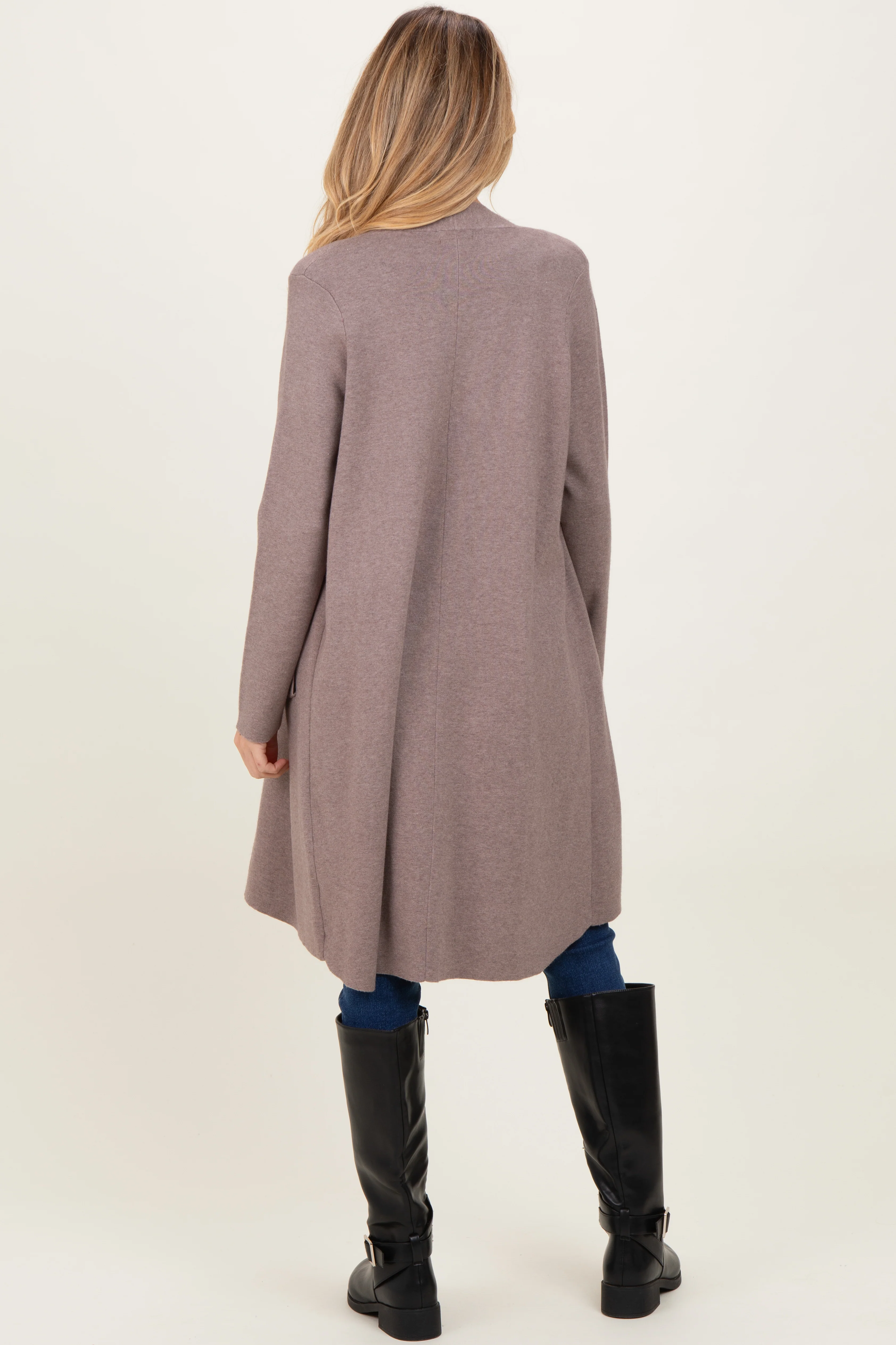 Mocha Knit Open Front Long Maternity Cardigan - Image 4