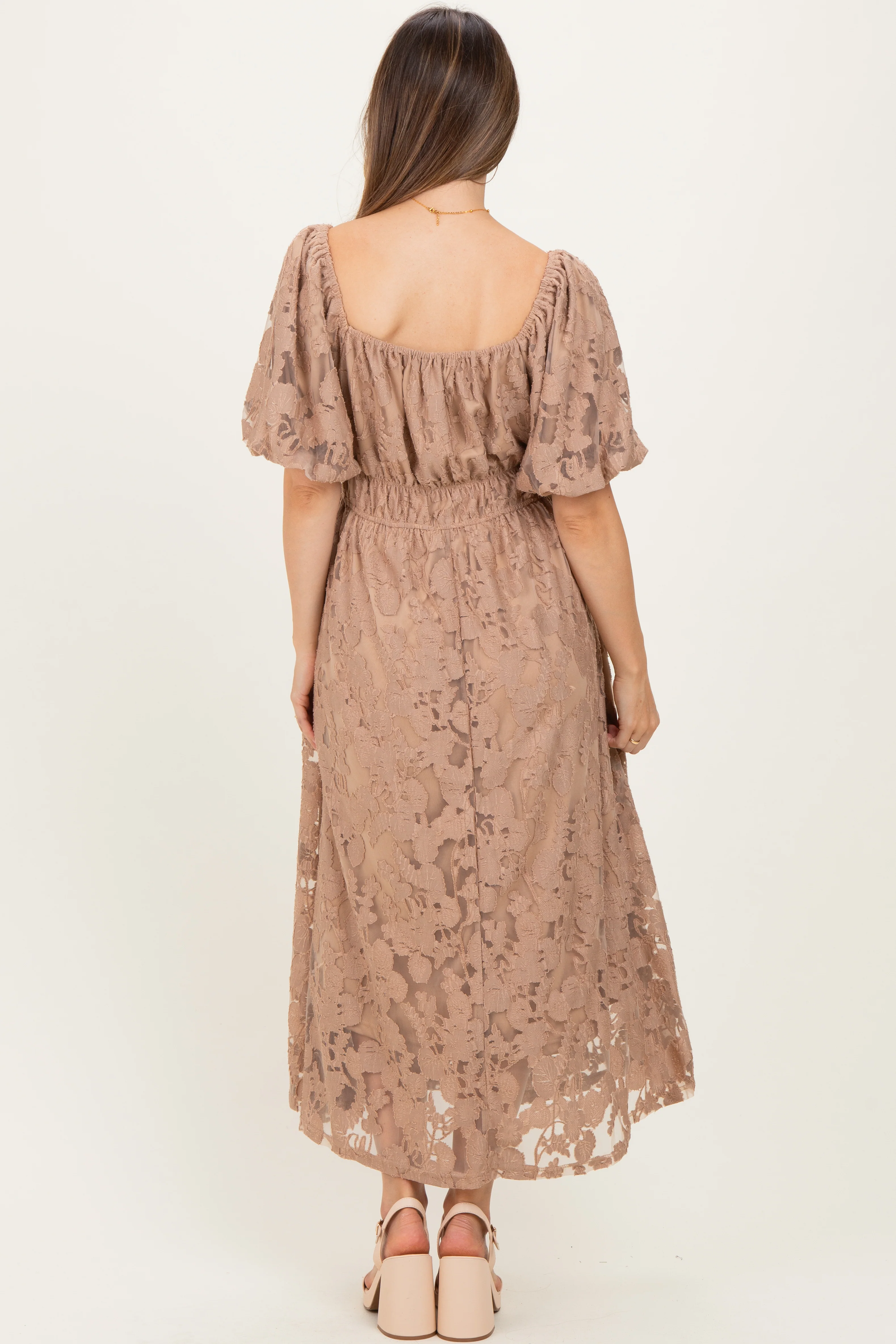 Mocha Lace Puff Sleeve Maternity Midi Dress - Image 3
