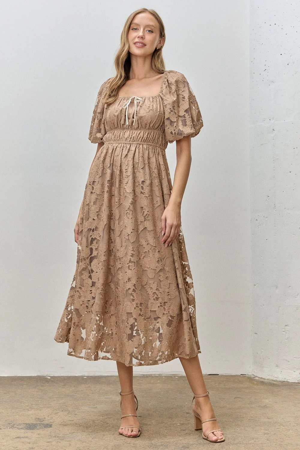 Mocha Lace Puff Sleeve Maternity Midi Dress - Image 4