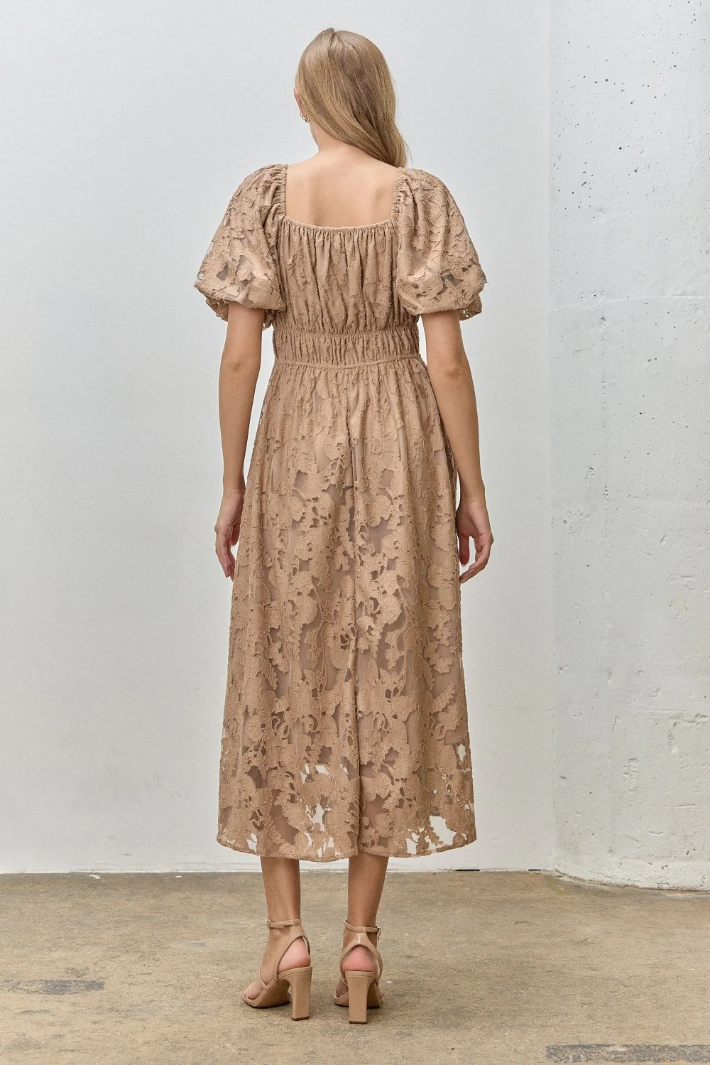 Mocha Lace Puff Sleeve Midi Dress - Image 3