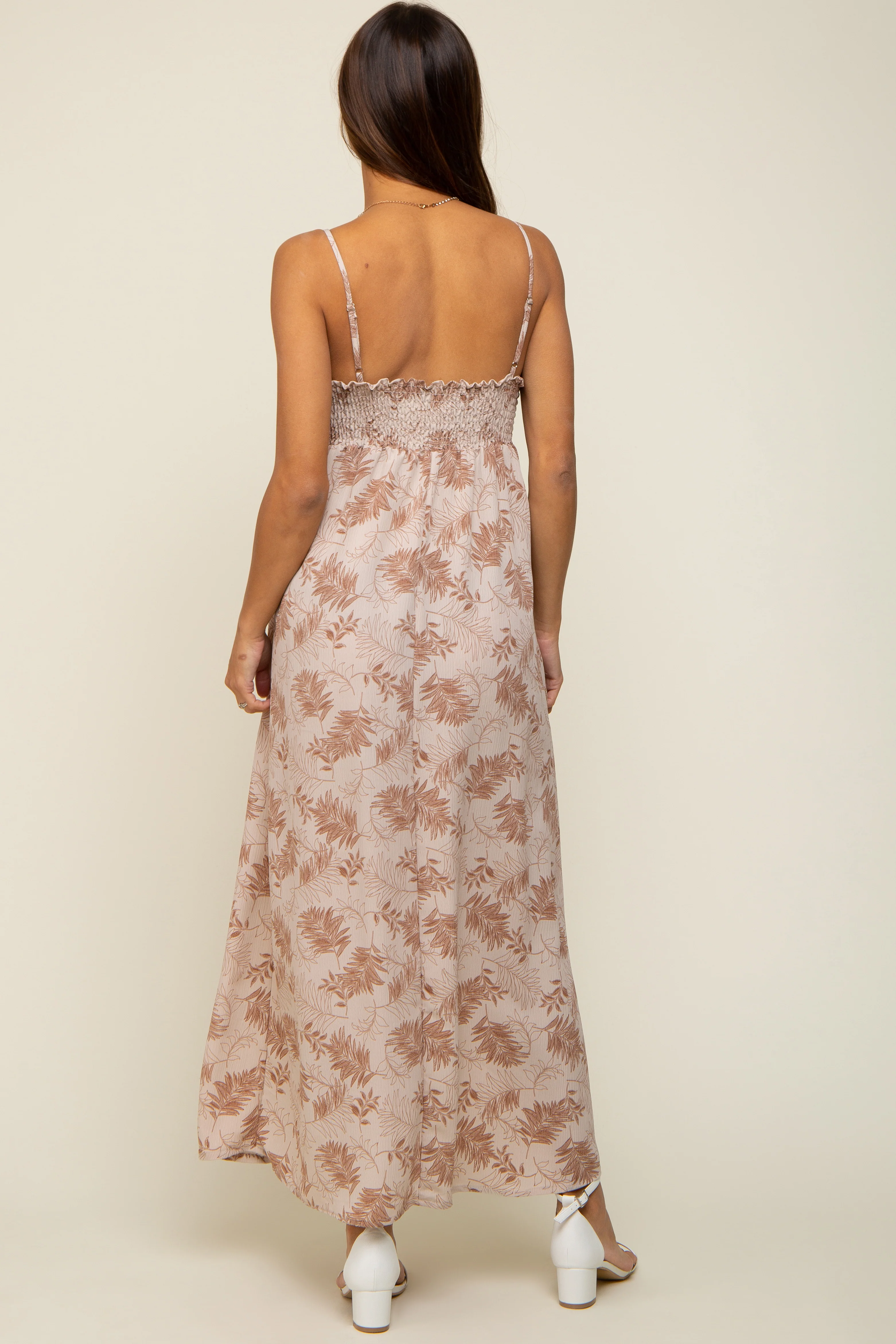 Mocha Leaf Print Front Tie Maternity Maxi Dress - Image 4