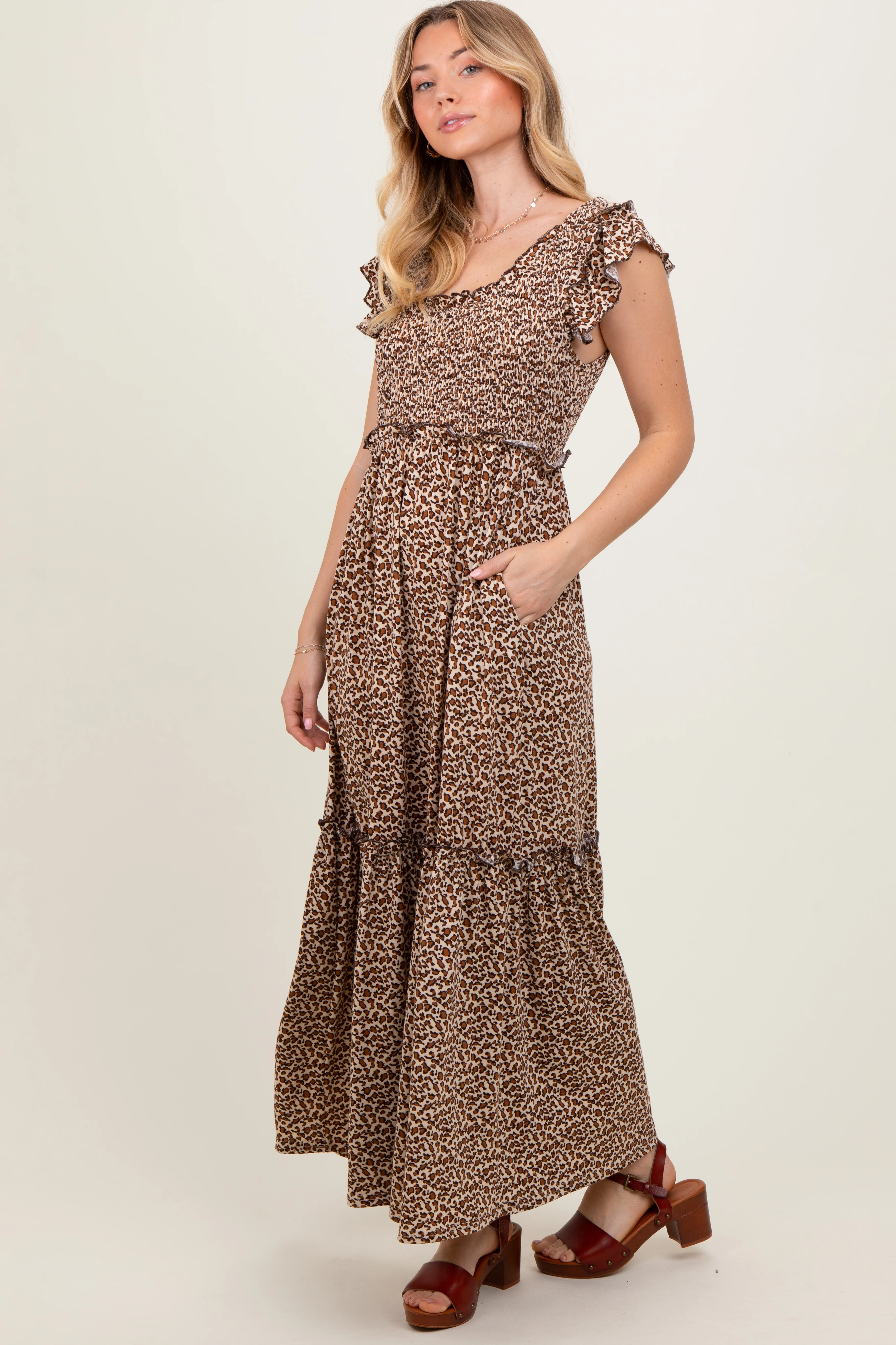 Mocha Leopard Print Ruffle Sleeve Tiered Maxi Dress - Image 3