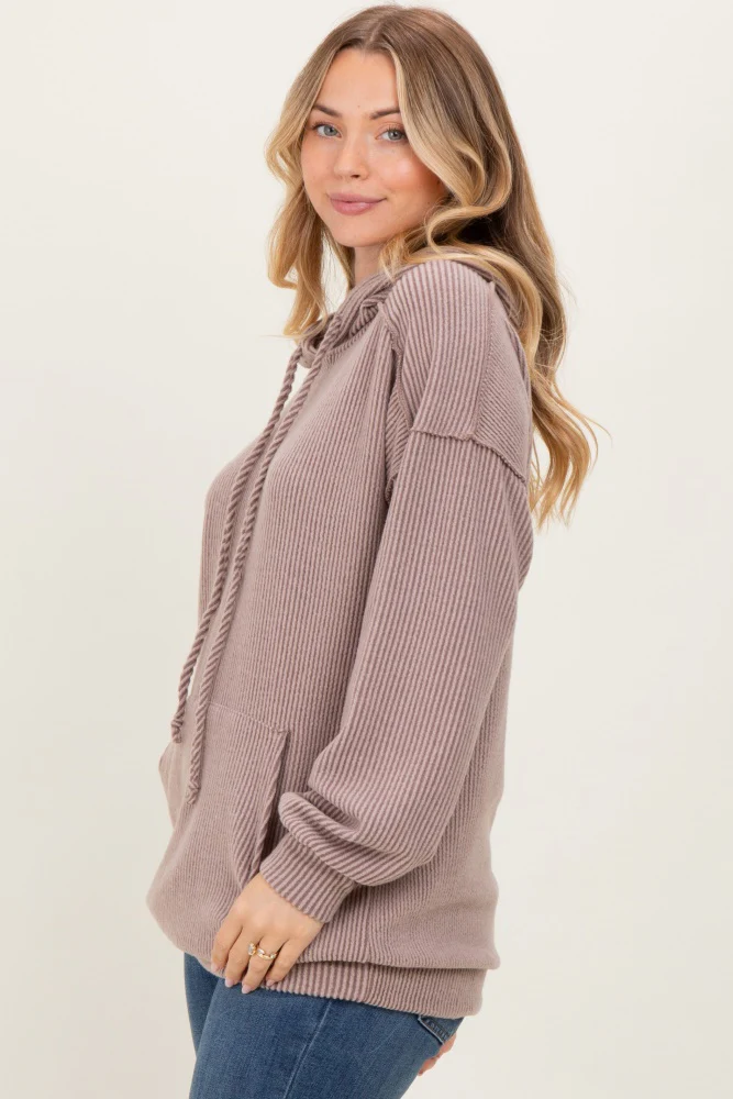 Mocha Long Sleeve Brushed Urban Rib Hoodie Top - Image 3