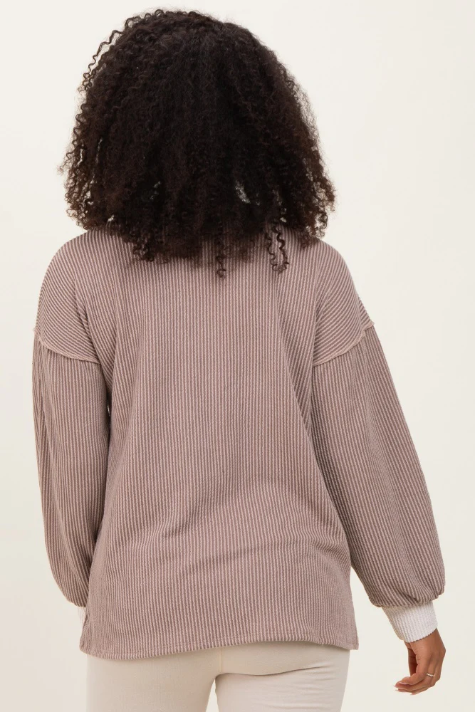 Mocha Long Sleeve Contrast Button Detail Rib Top - Image 4