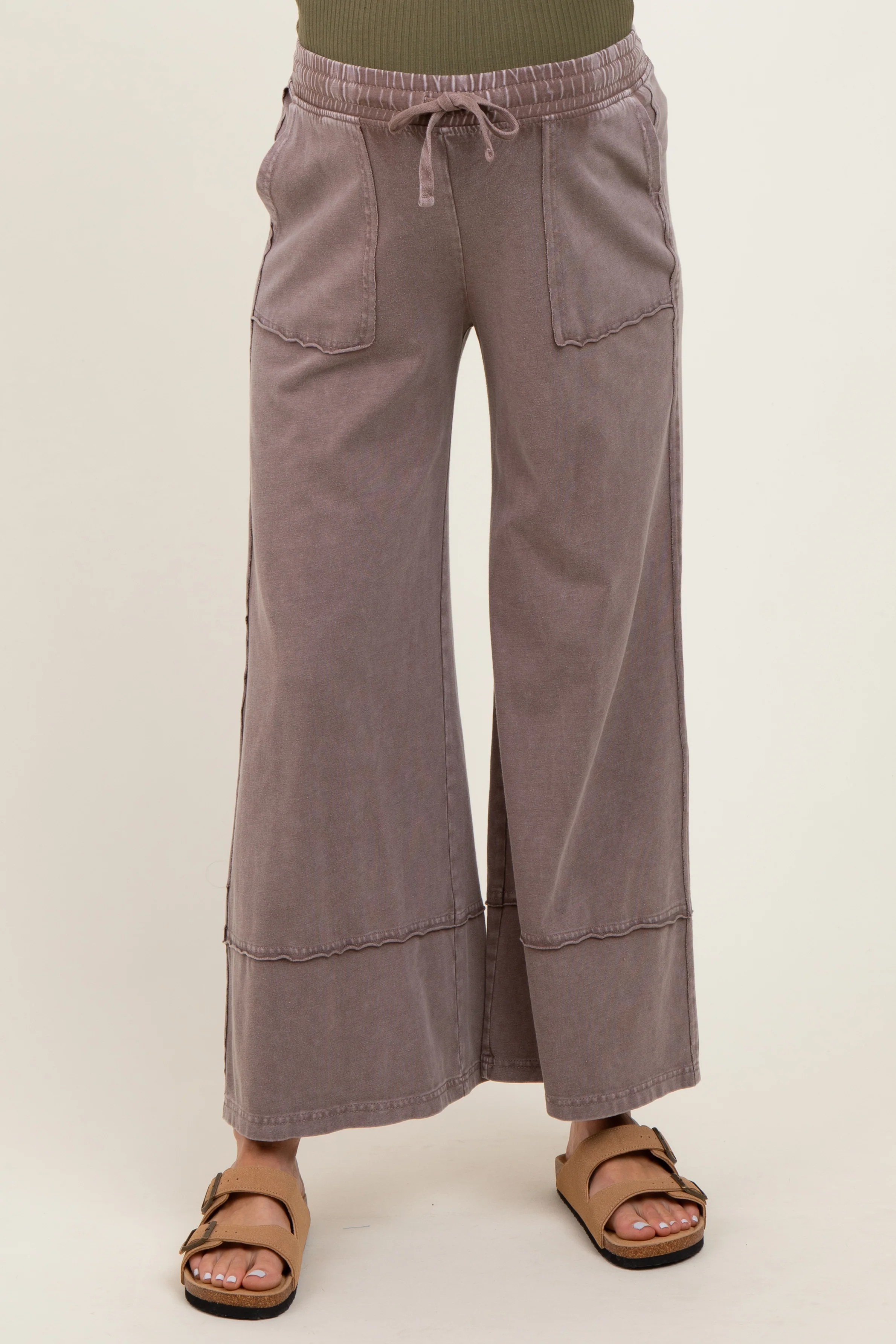 Mocha Mineral Wash Wide Leg Ankle Maternity Pants - Image 3