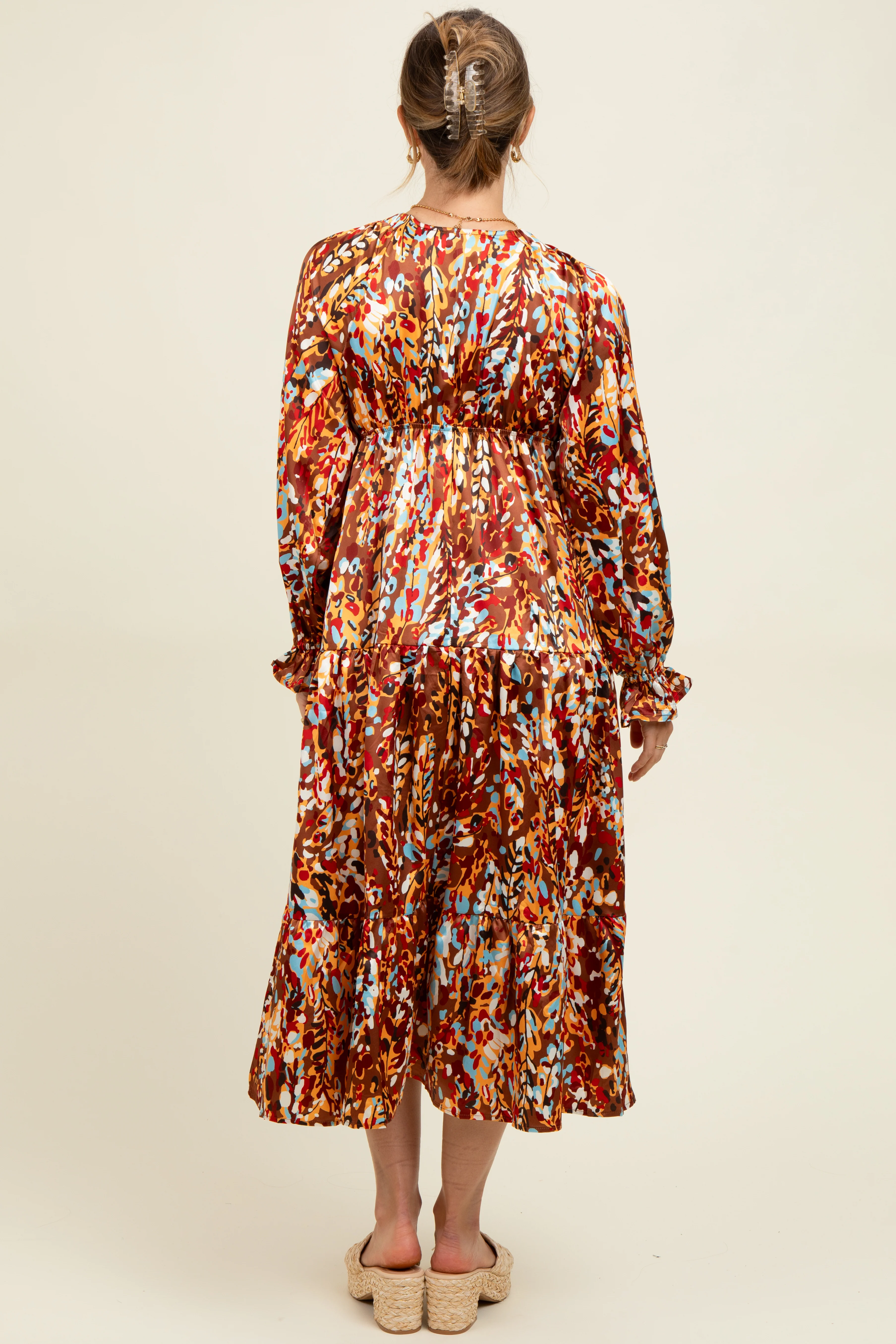 Mocha Multi Color Satin V-Neck Long Sleeve Maternity Maxi Dress - Image 3