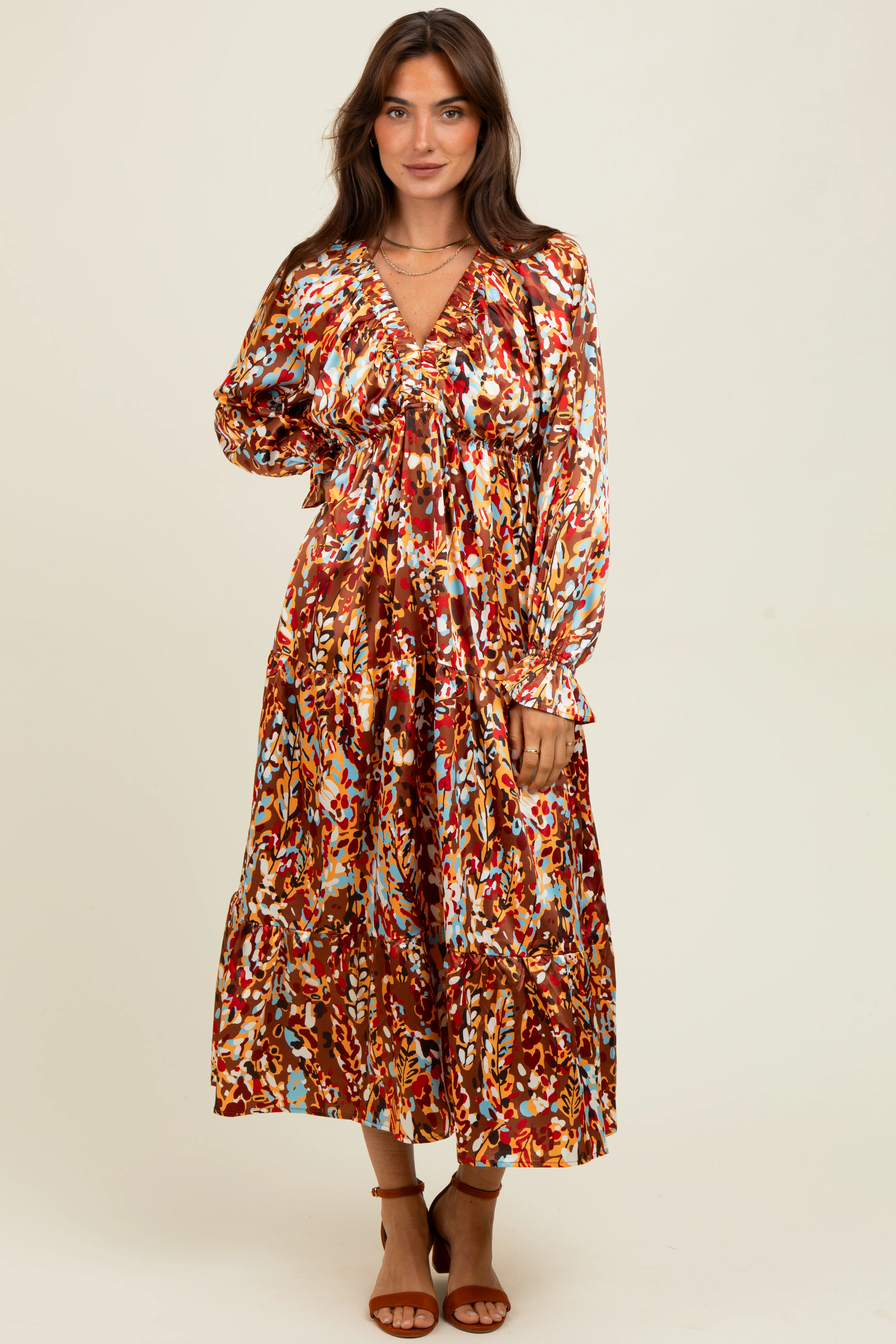 Mocha Multi Color Satin V-Neck Long Sleeve Maternity Maxi Dress - Image 4