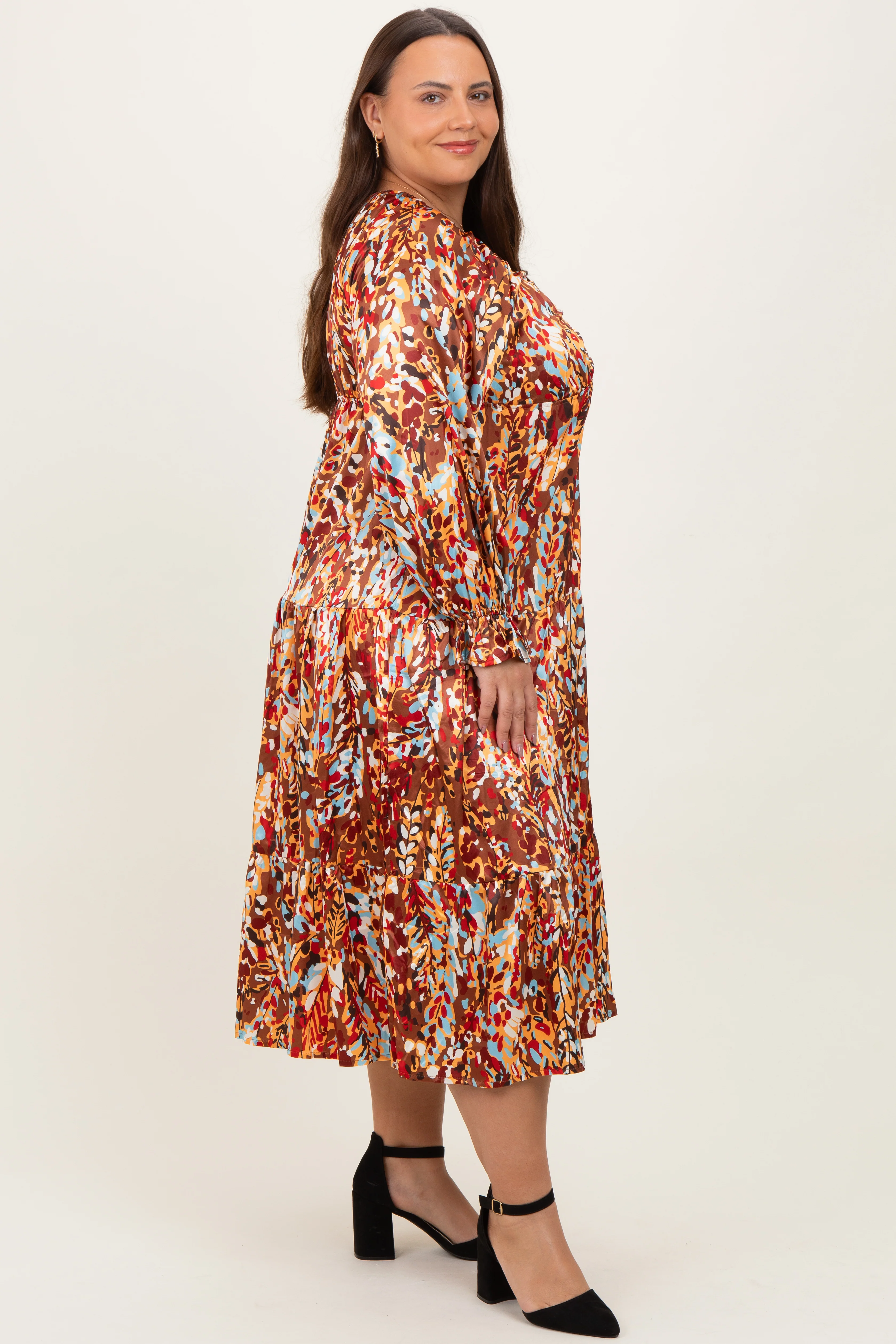 Mocha Multi Color Satin V-Neck Long Sleeve Plus Maxi Dress - Image 2
