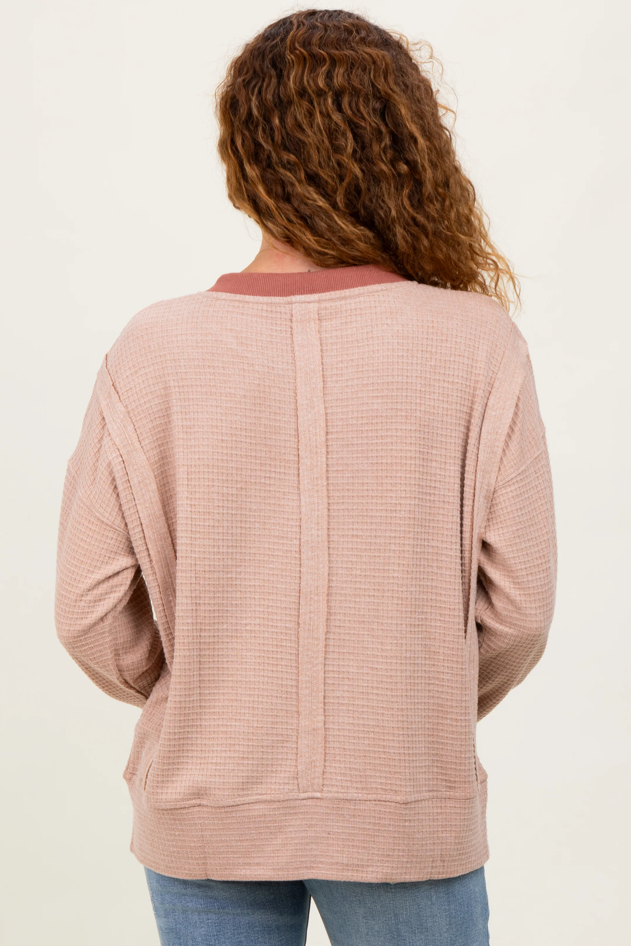 Mocha Oversized Contrast Trim Thermal Pullover - Image 4