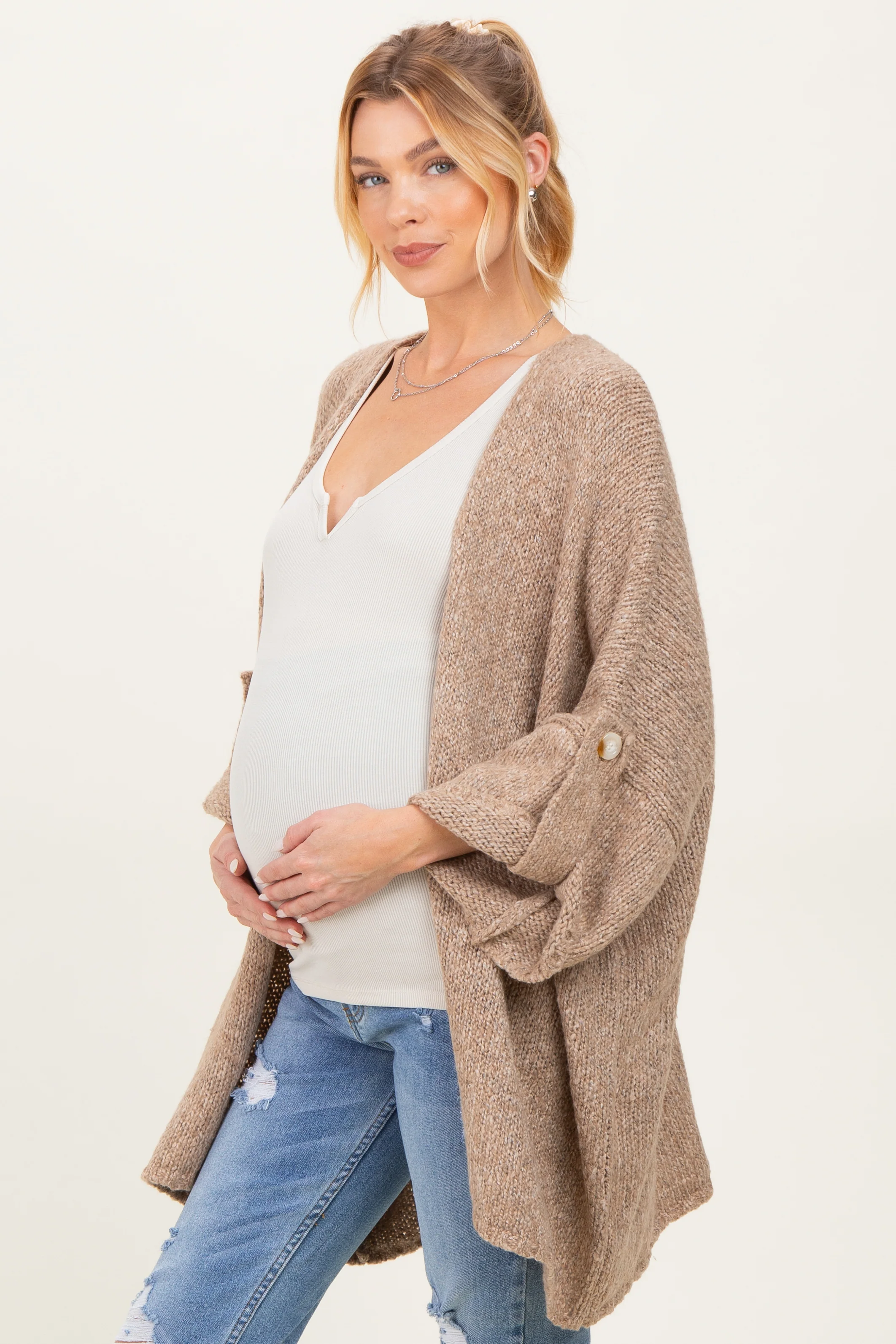 Mocha Oversized Cuffed Sleeve Maternity Cardigan - Image 3