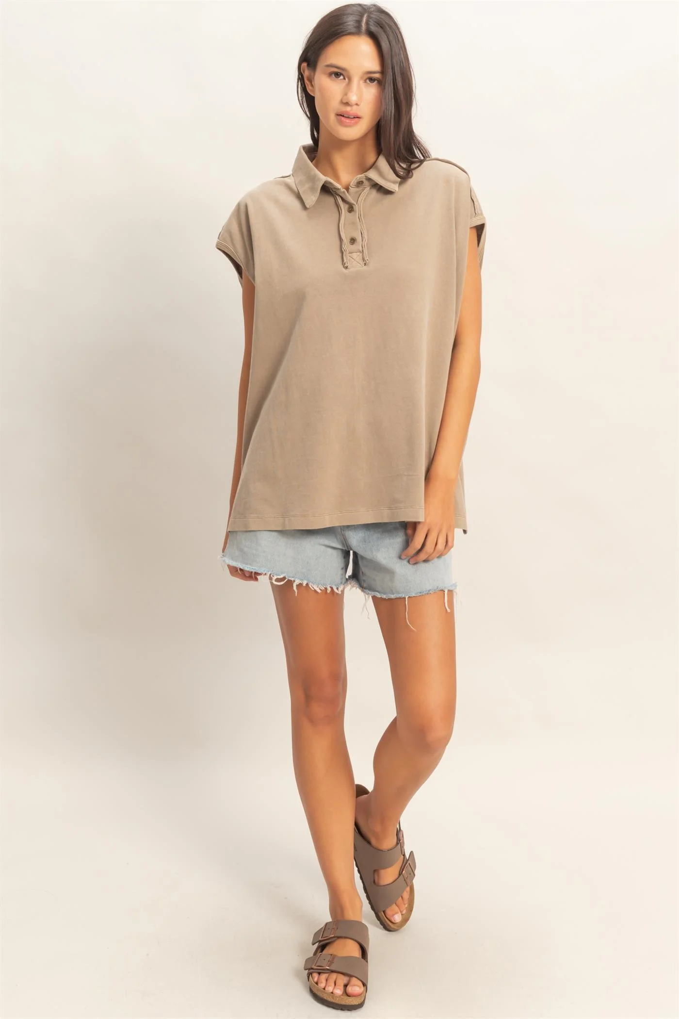 Mocha Pigment Dye Sleeveless Polo Oversized Top - Image 5