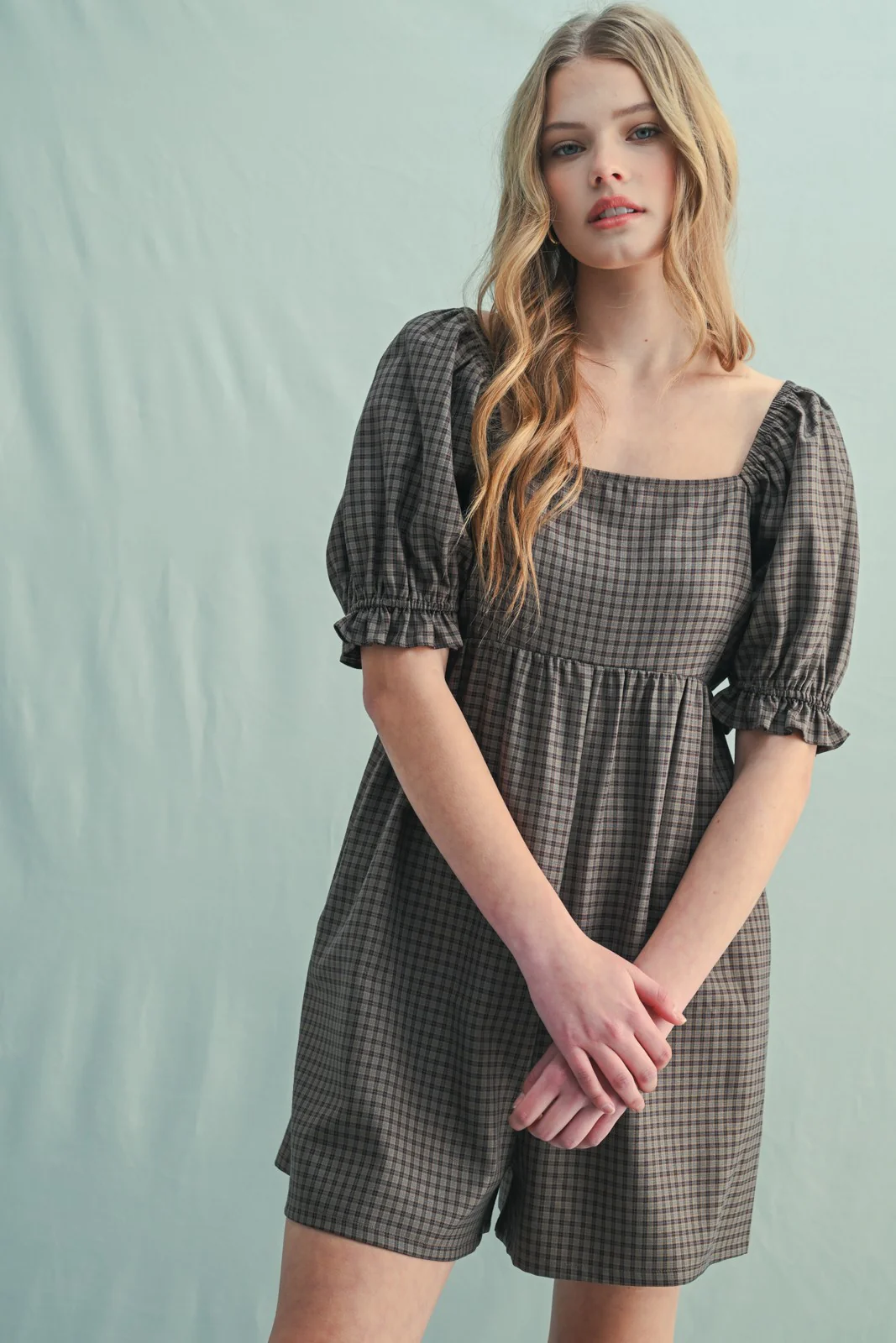 Mocha Plaid Square Neck Puff Sleeve Maternity Romper - Image 5