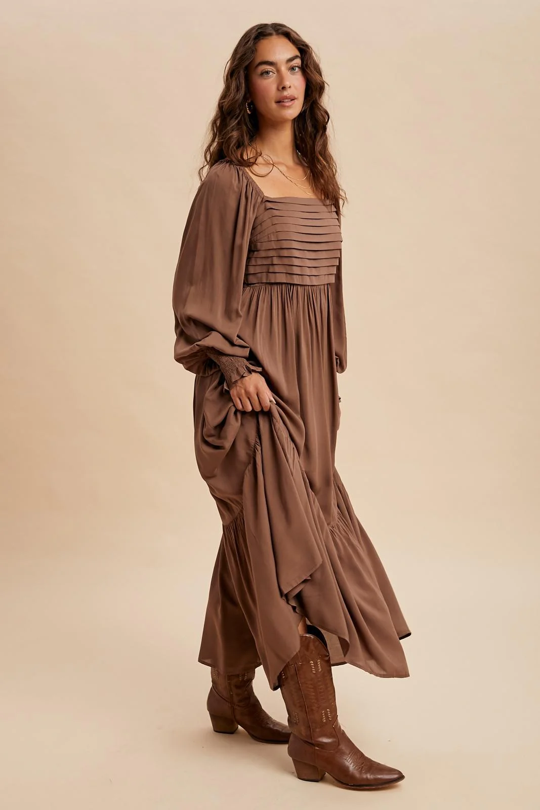 Mocha Pleated Bodice Long Sleeve Maxi Dress - Image 2