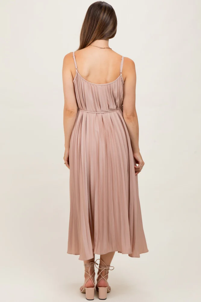 Mocha Pleated Sash Tie Maternity Midi Dress - Image 4