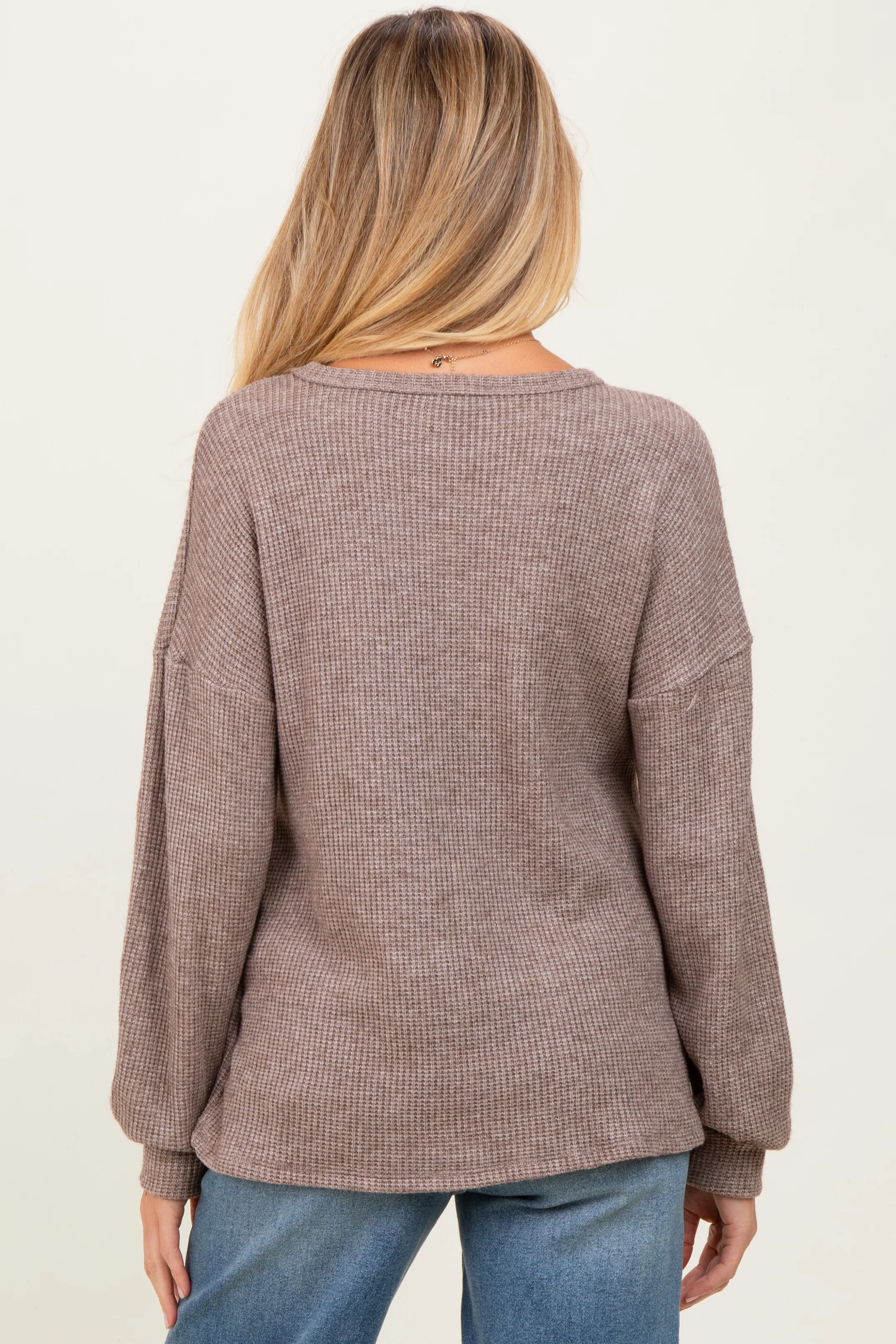 Mocha Puff Sleeve Solid Maternity Sweater Top - Image 4