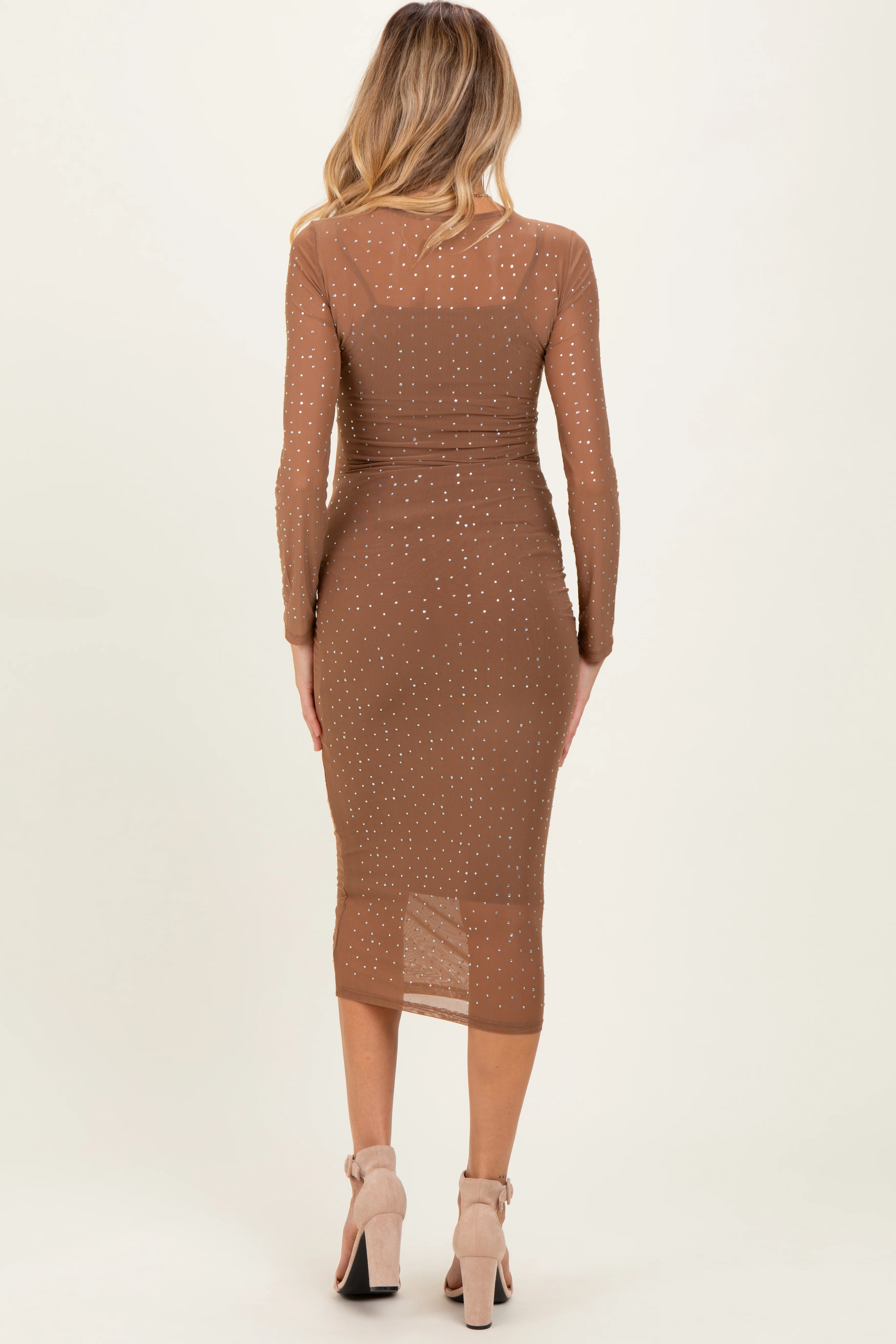 Mocha Rhinestone Mesh Long Sleeve Maternity Midi Dress - Image 4