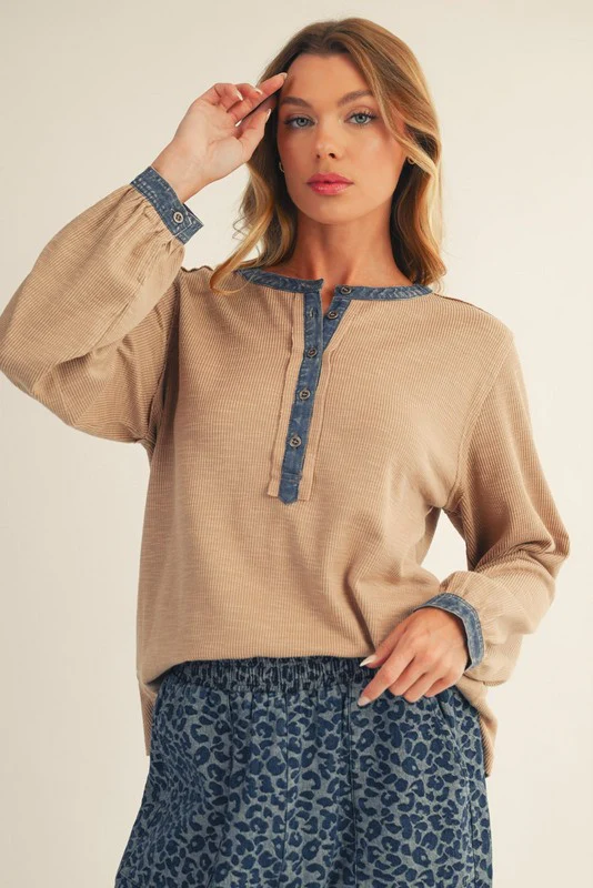 Mocha Rib Knit Casual Maternity Henley Top - Image 5