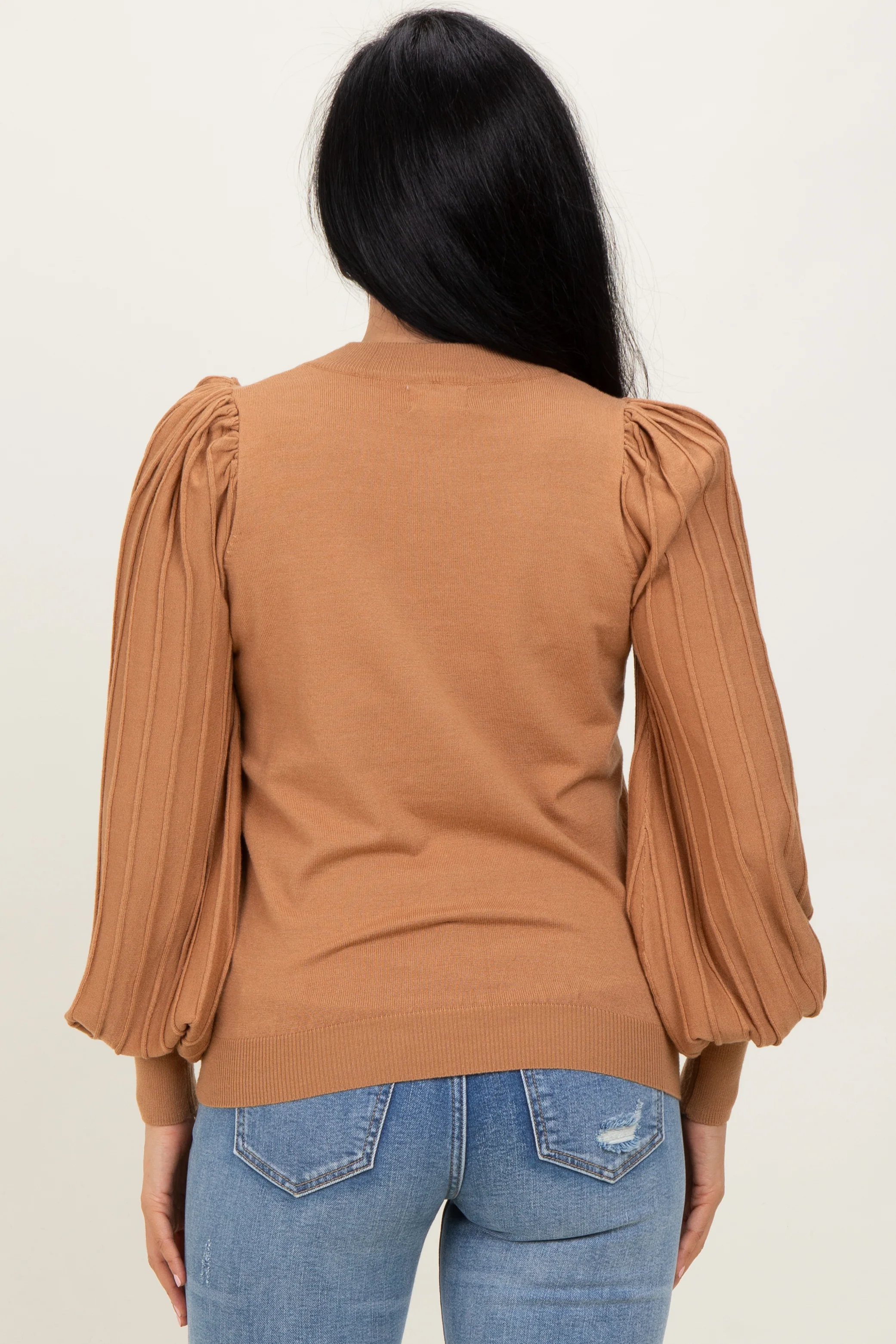 Mocha Ribbed Bubble Sleeve Knit Top - Image 4