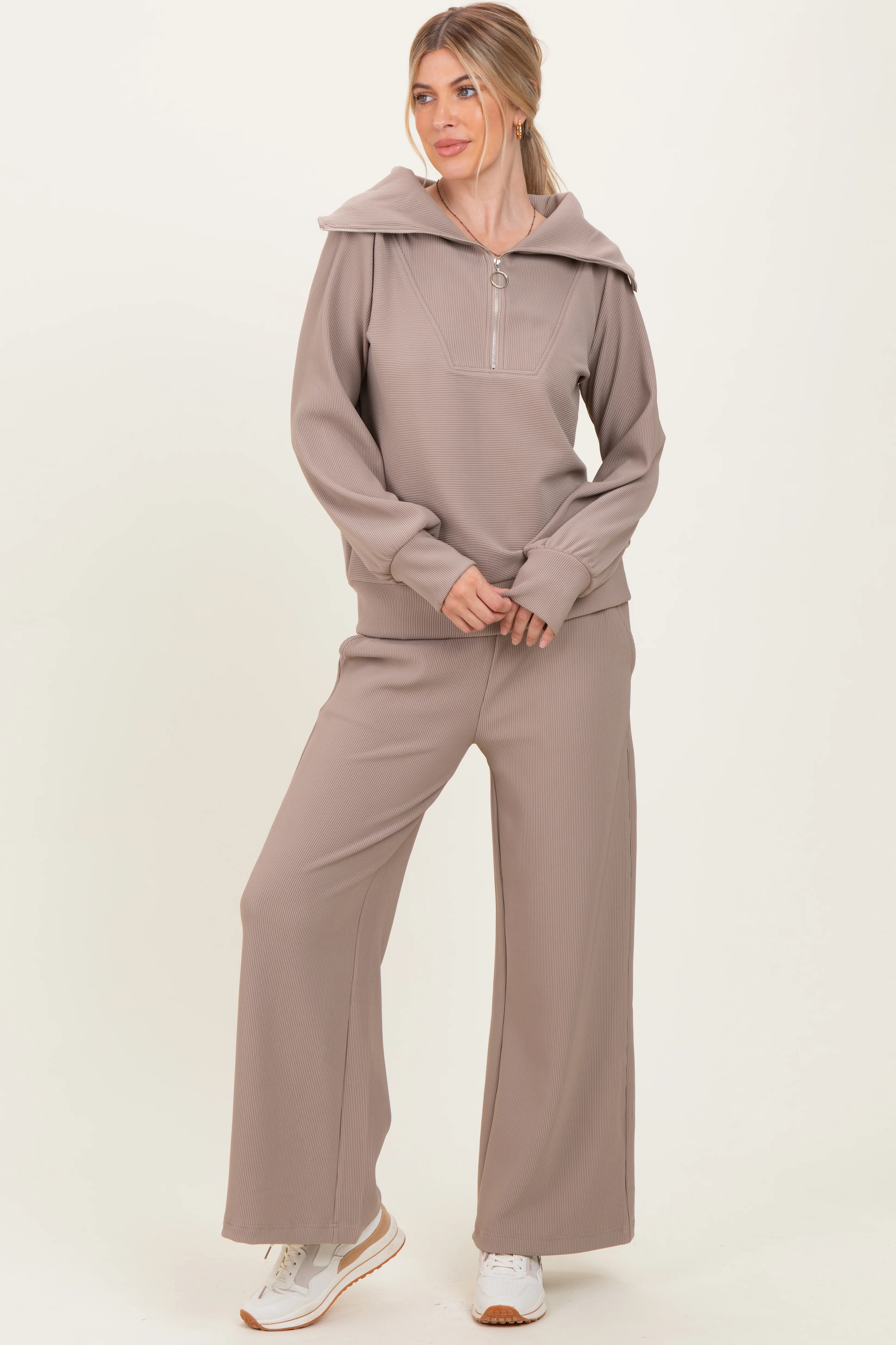 Mocha Ribbed Half Zip Pullover Wide Leg Pant Maternity Set - Image 5