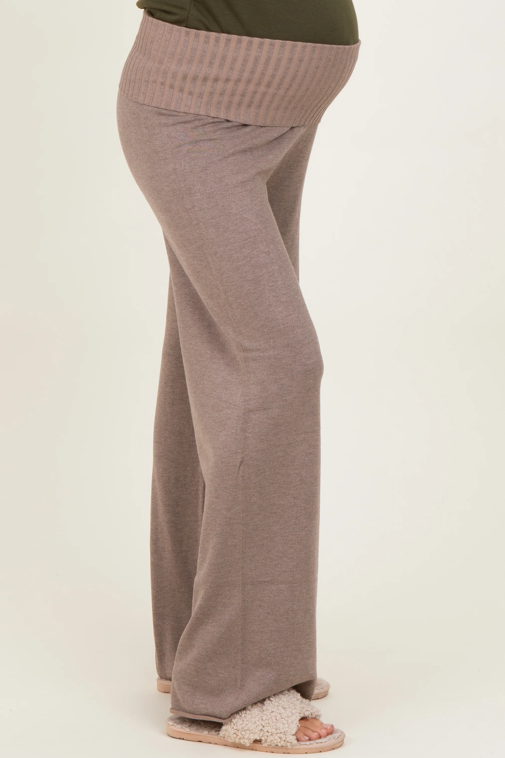 Mocha Ribbed Knit Foldover Waist Maternity Pants - Image 3