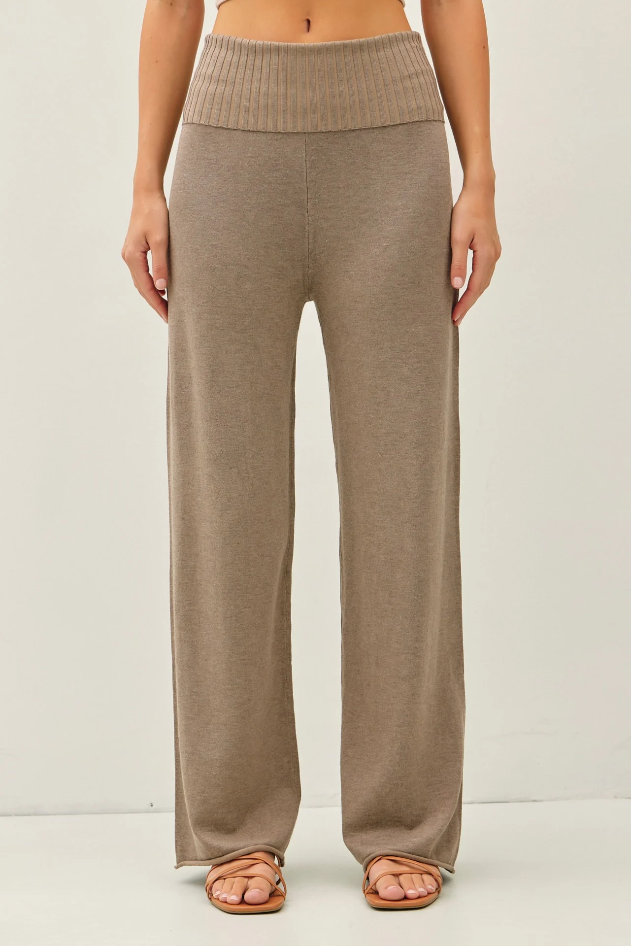 Mocha Ribbed Knit Foldover Waist Pants - Image 4
