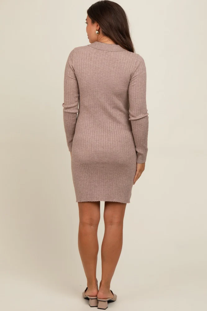 Mocha Ribbed Knit Henley Maternity Dress - Image 3