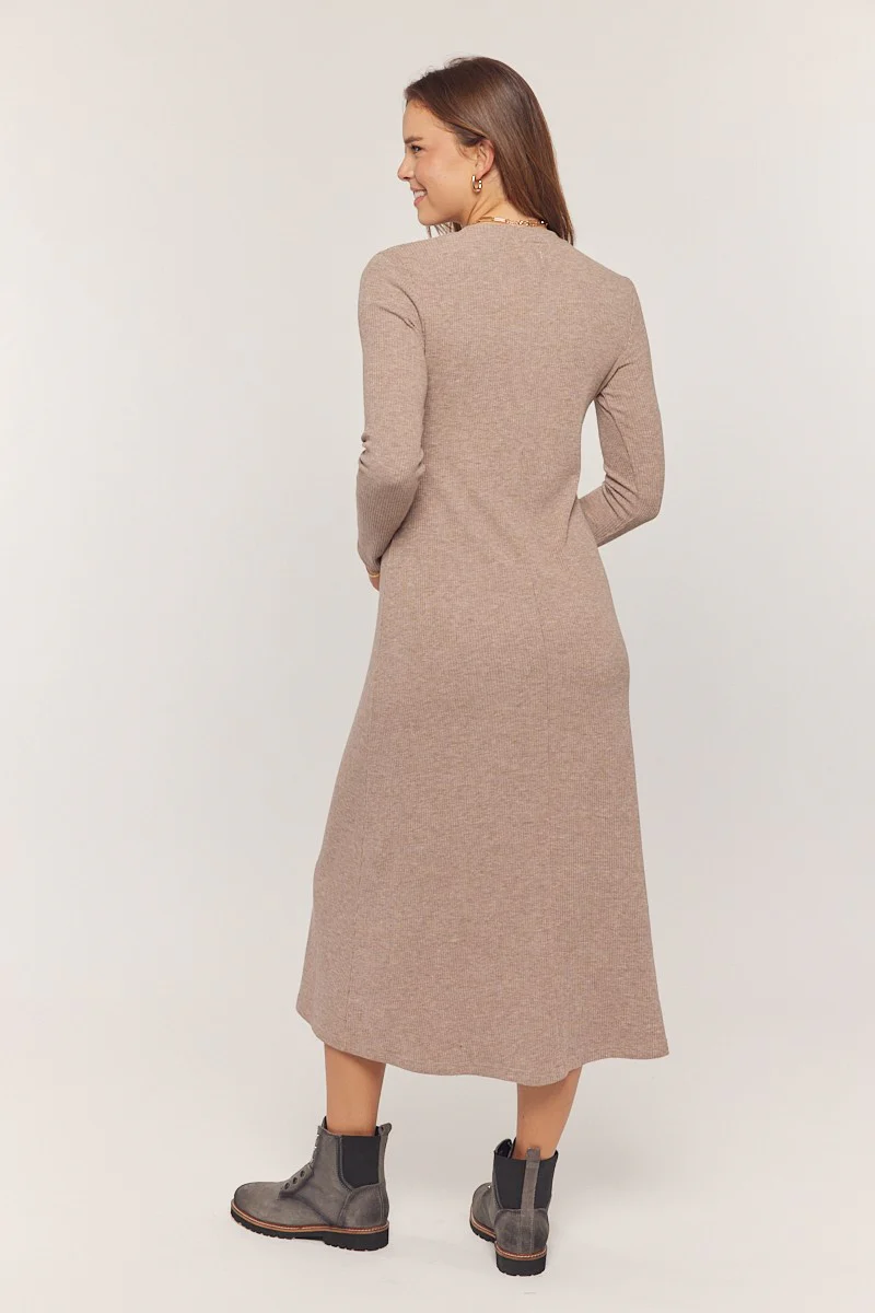 Mocha Ribbed Knit Side Slit Midi Dress - Image 3