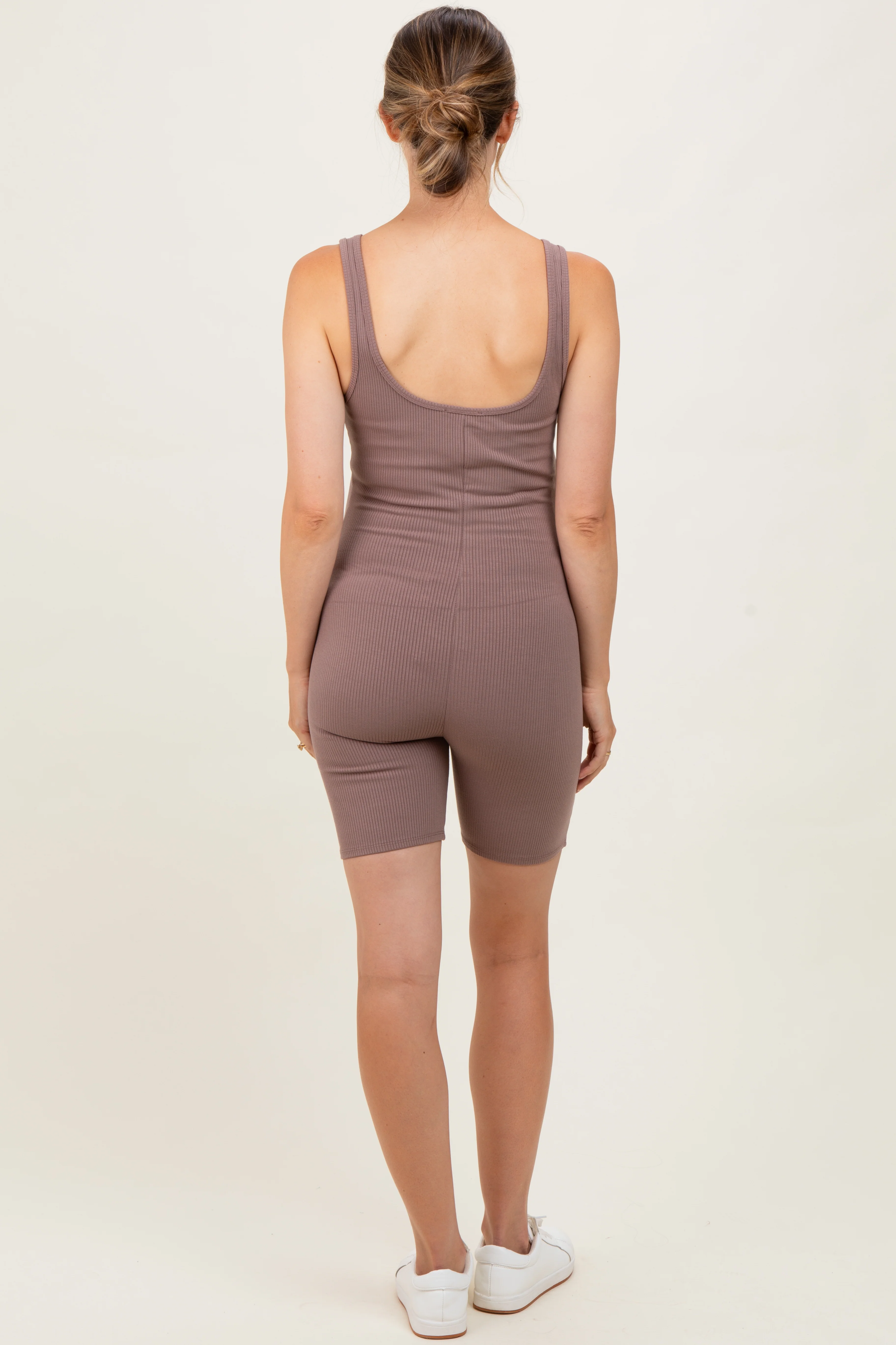 Mocha Ribbed Knit Tank Top Maternity Romper - Image 4