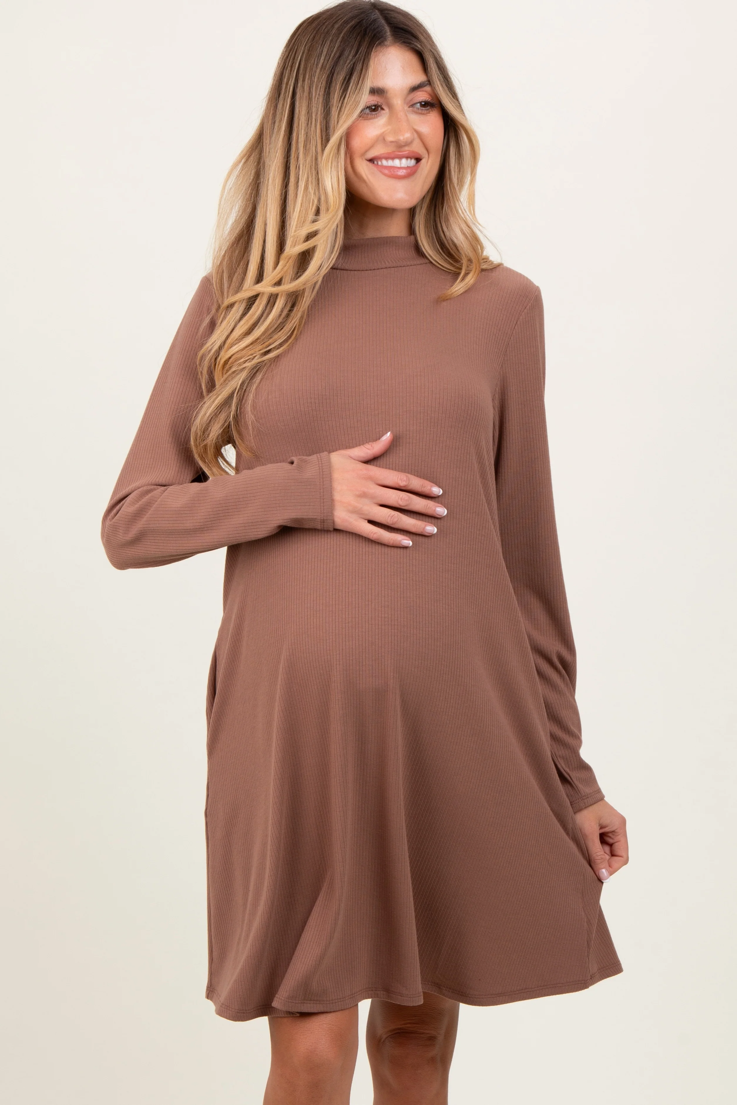 Mocha Ribbed Mock Neck Long Sleeve Basic Maternity Dress - Image 2