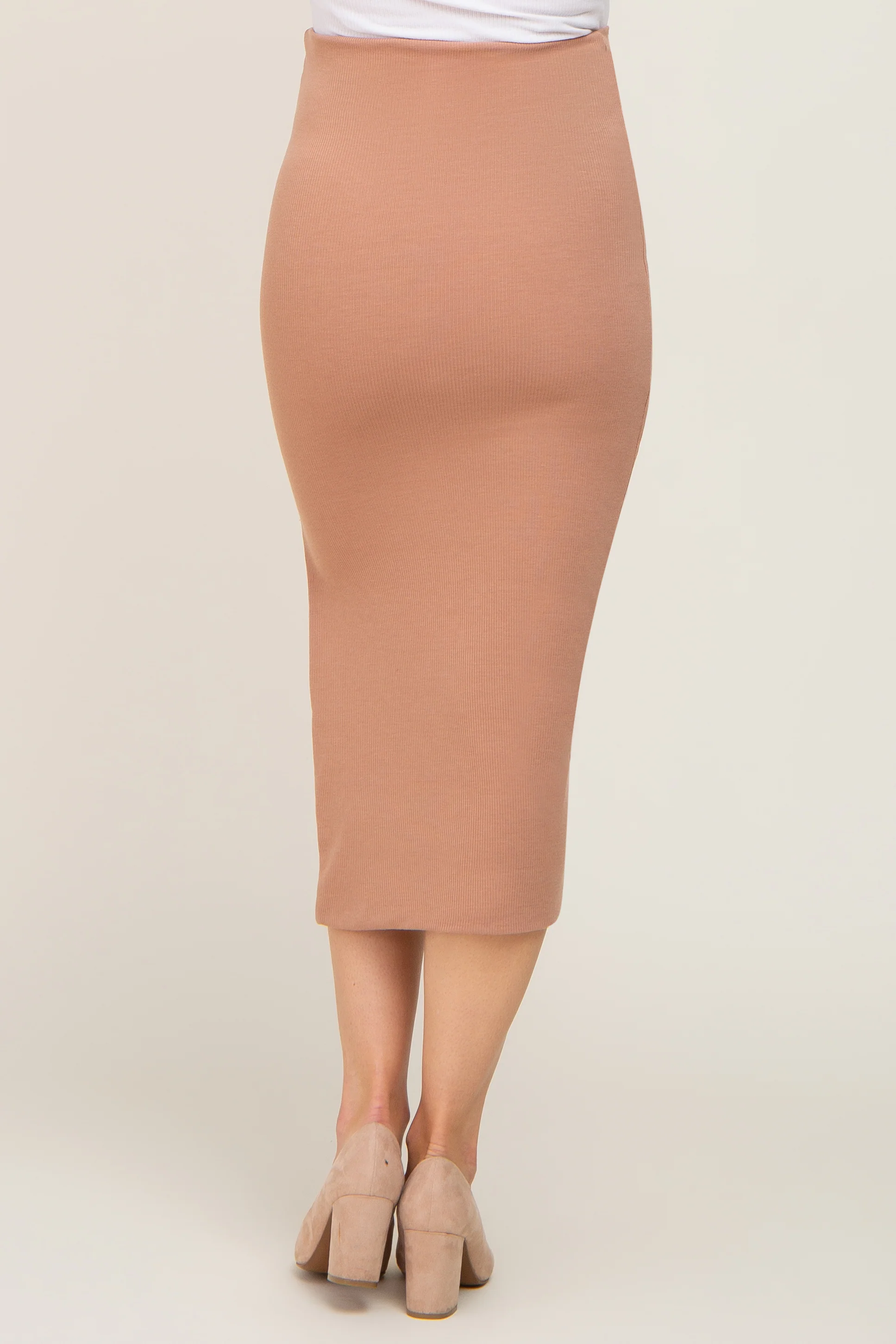 Mocha Ribbed Side Slit Maternity Midi Skirt - Image 4