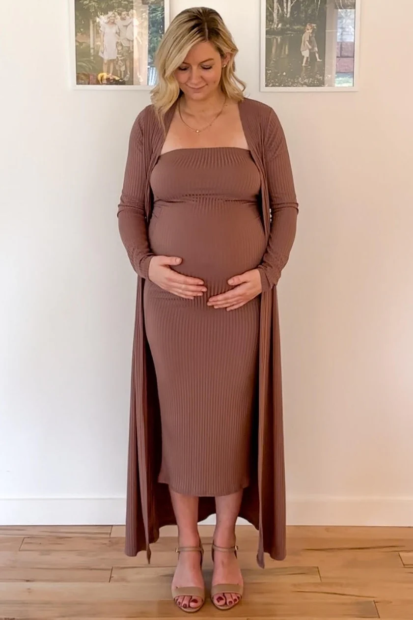 Mocha Ribbed Sleeveless Dress Cardigan Maternity Set - Image 11