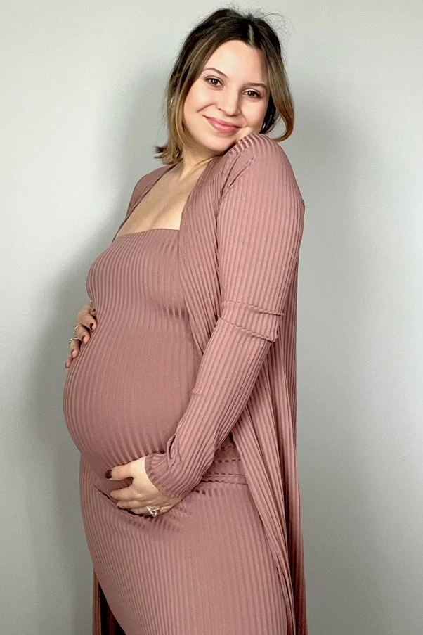 Mocha Ribbed Sleeveless Dress Cardigan Maternity Set - Image 12