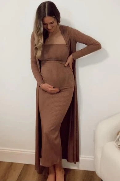 Mocha Ribbed Sleeveless Dress Cardigan Maternity Set - Image 16