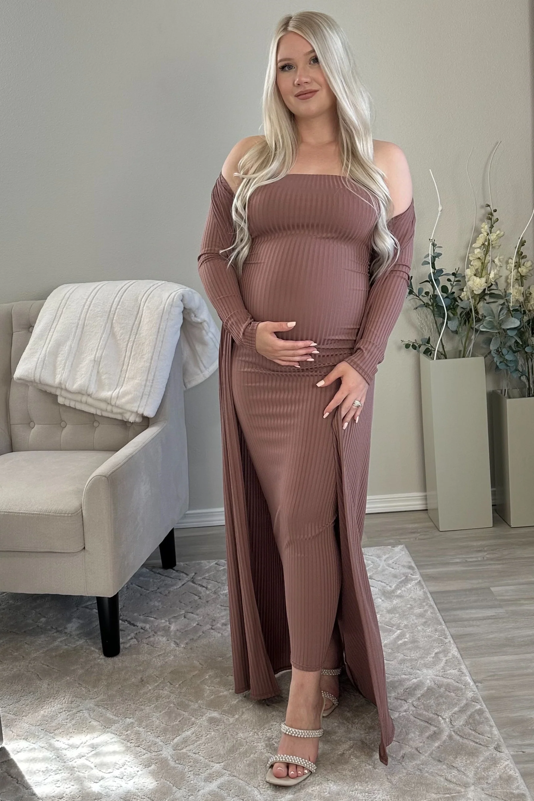 Mocha Ribbed Sleeveless Dress Cardigan Maternity Set - Image 23