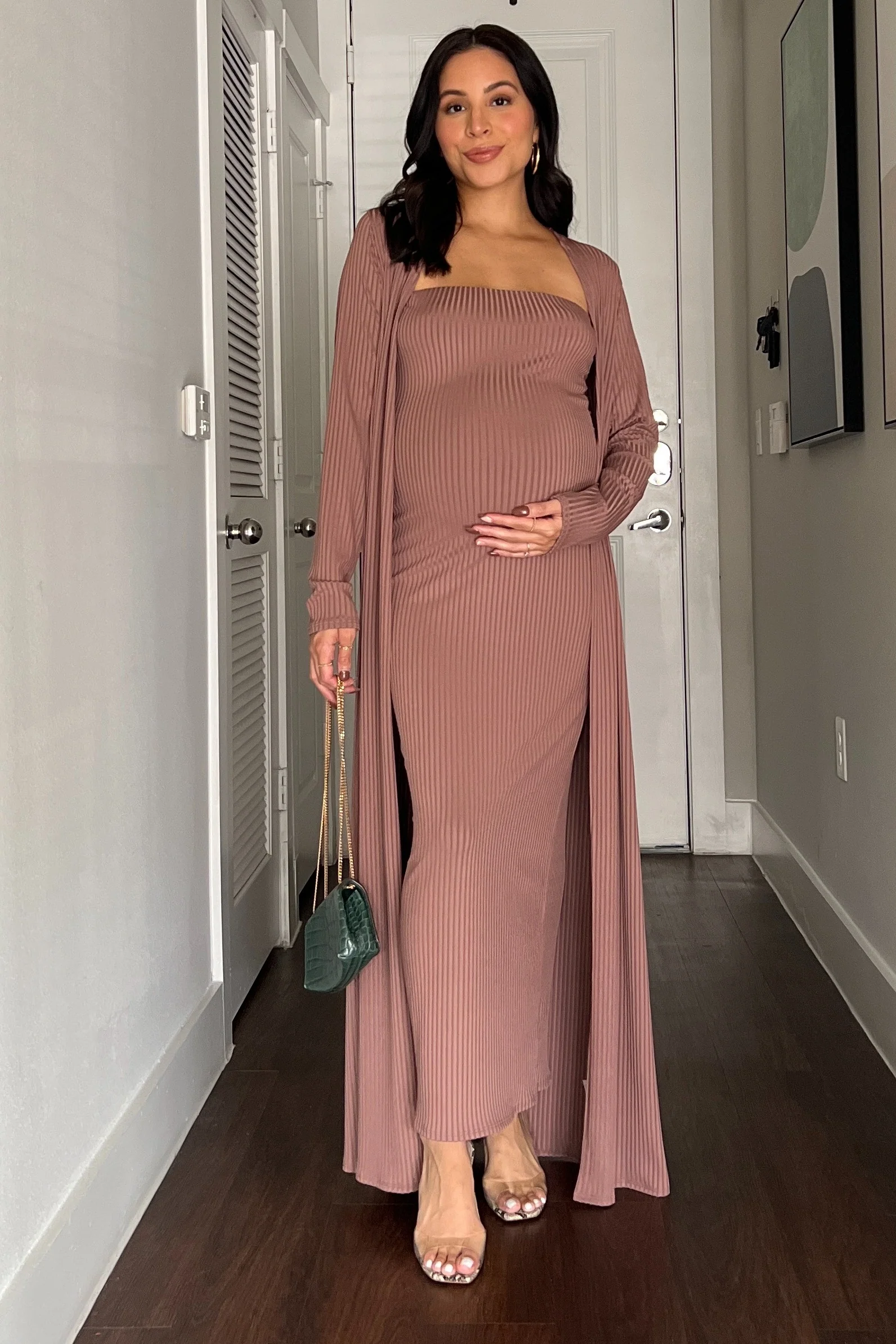Mocha Ribbed Sleeveless Dress Cardigan Maternity Set - Image 29