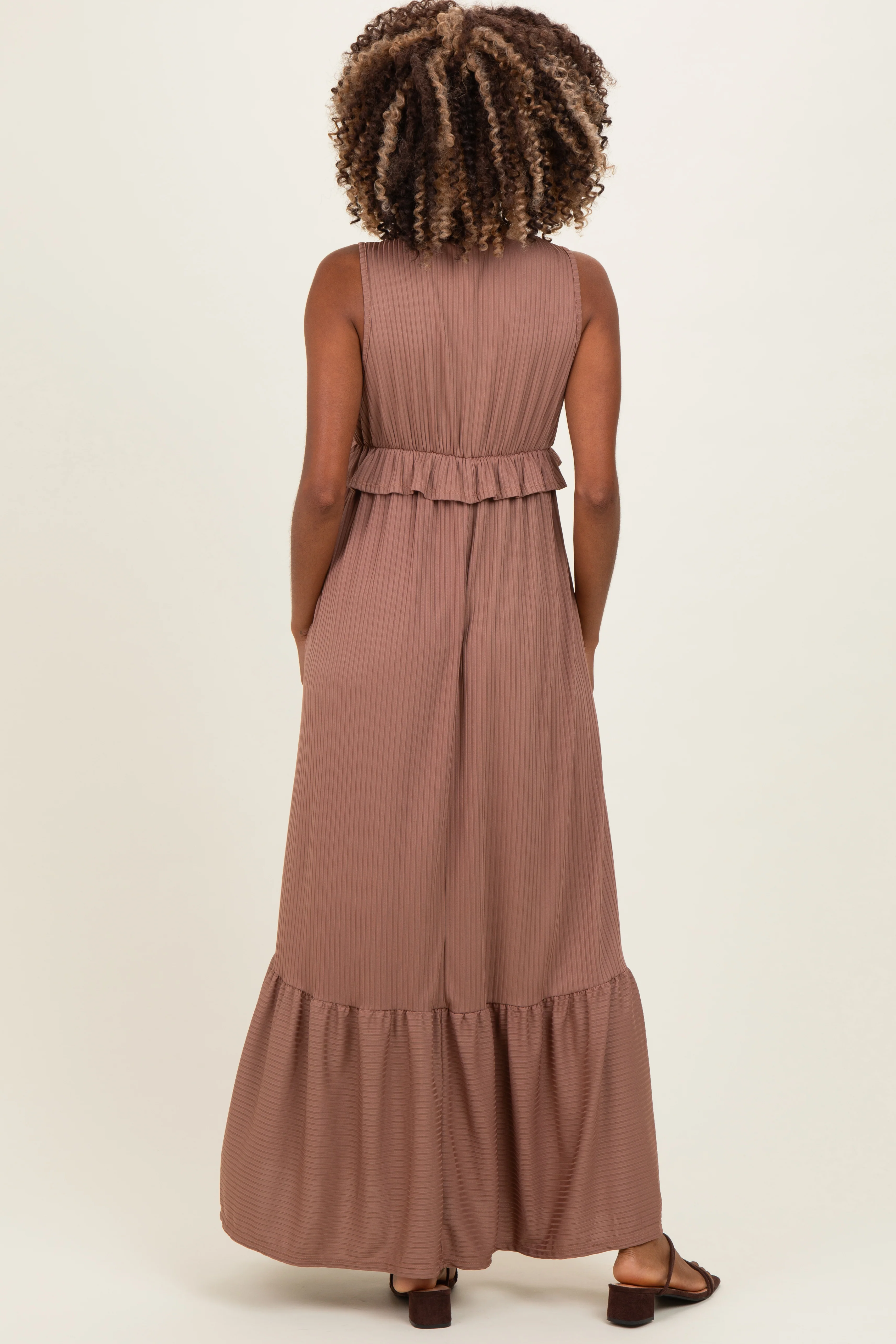 Mocha Ribbed Sleeveless V-Neck Ruffle Tiered Maternity Maxi Dress - Image 4