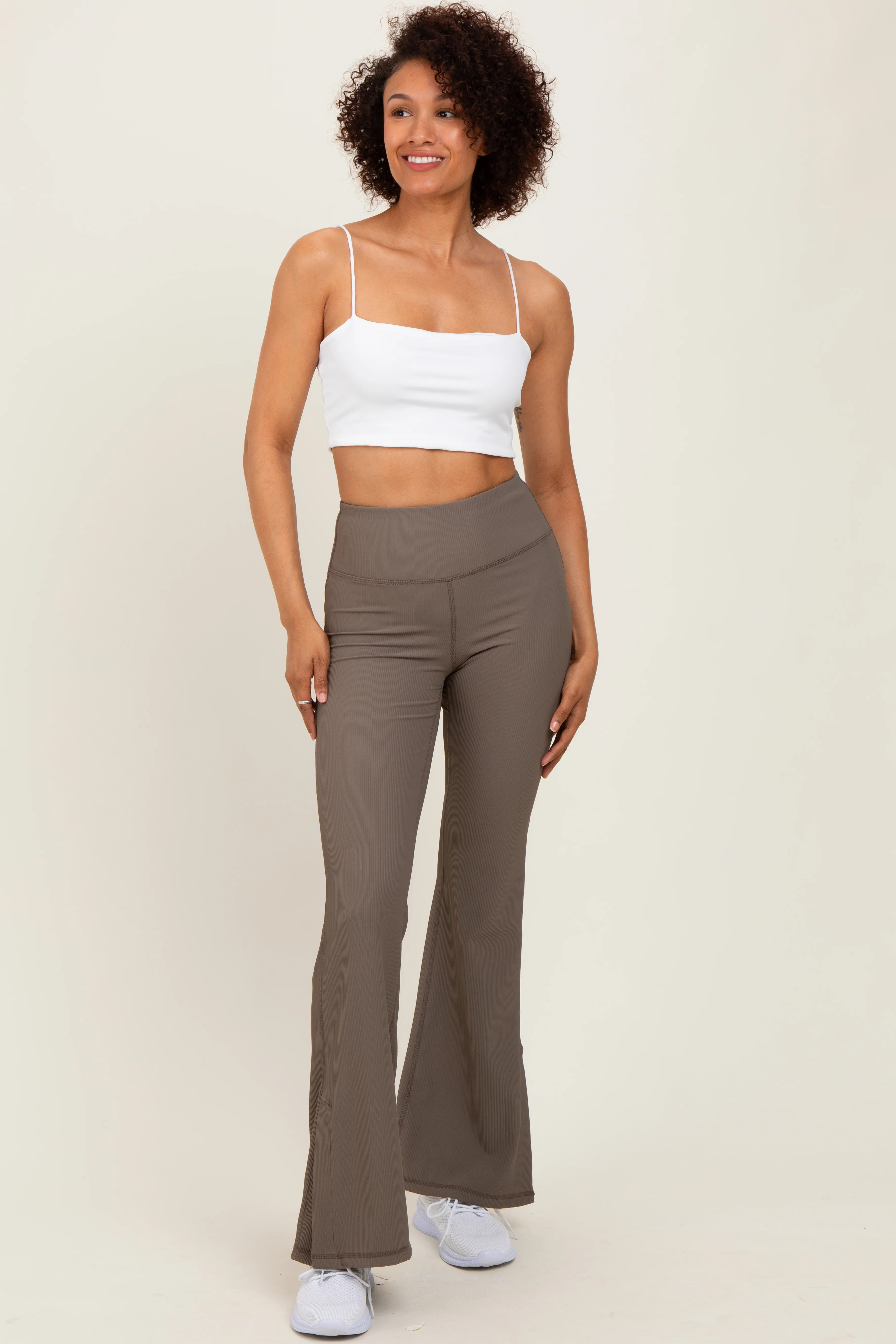 Mocha Ribbed Split Flare Maternity Leggings - Image 5